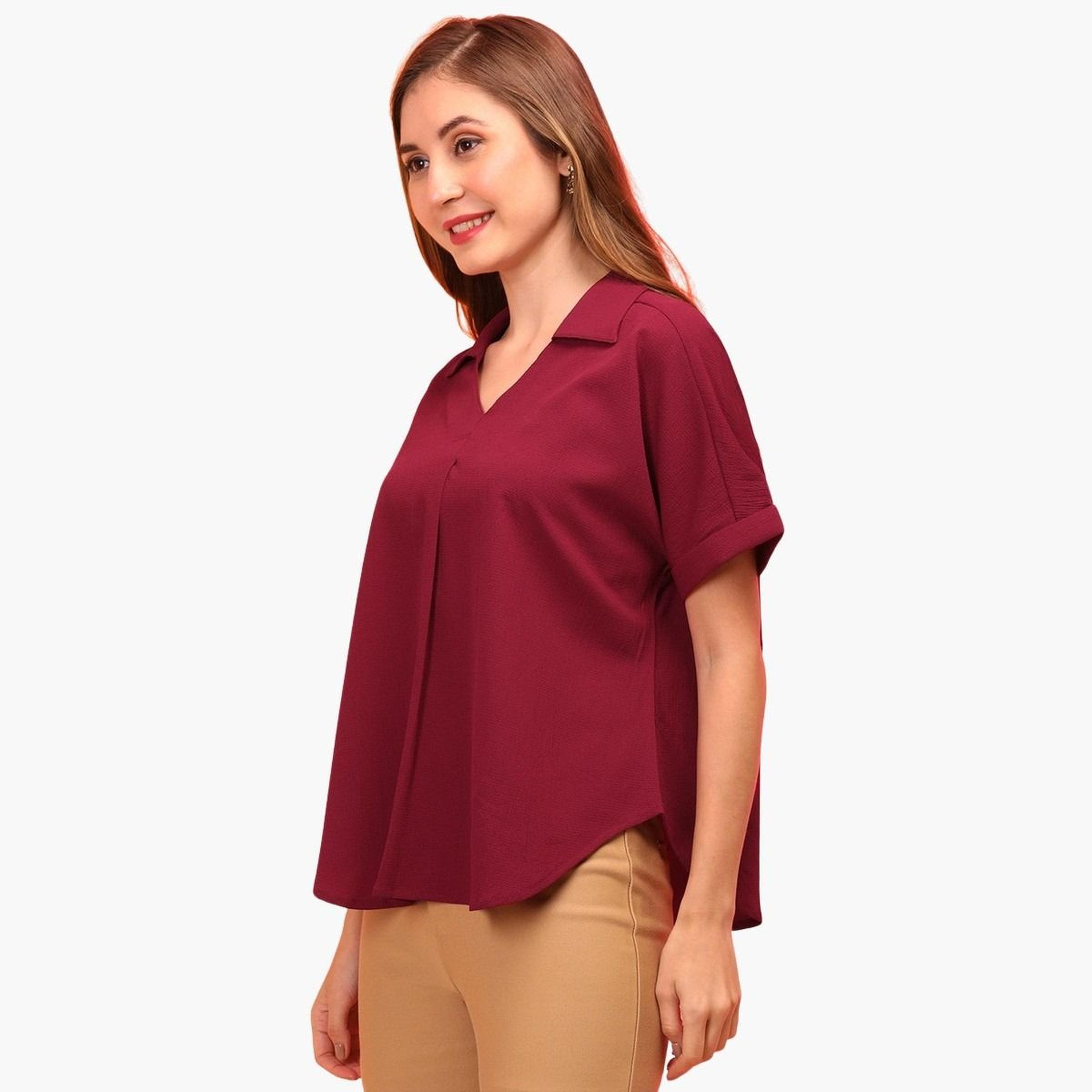 غلوبوس × ستايلي - قميص كستنائي اللون بياقة قميص وفتحة رقبة على شكل حرف V للنساء-women-clothing-shirtsandblouses-shirts-image-5