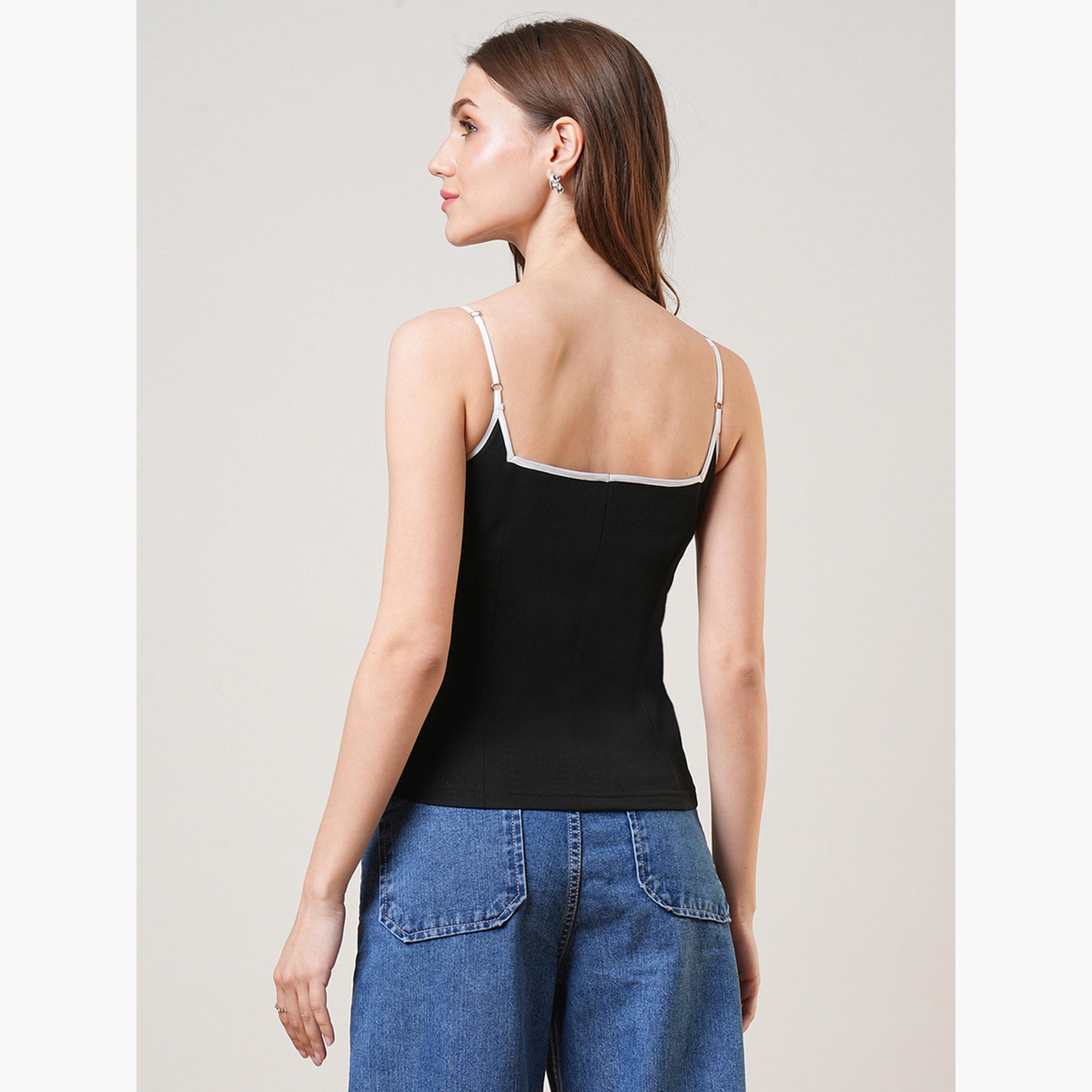 غلوبوص × ستايلي - بلوزة نسائية سوداء برقبة على شكل قلب وحمالات-women-clothing-tshirts-image-5