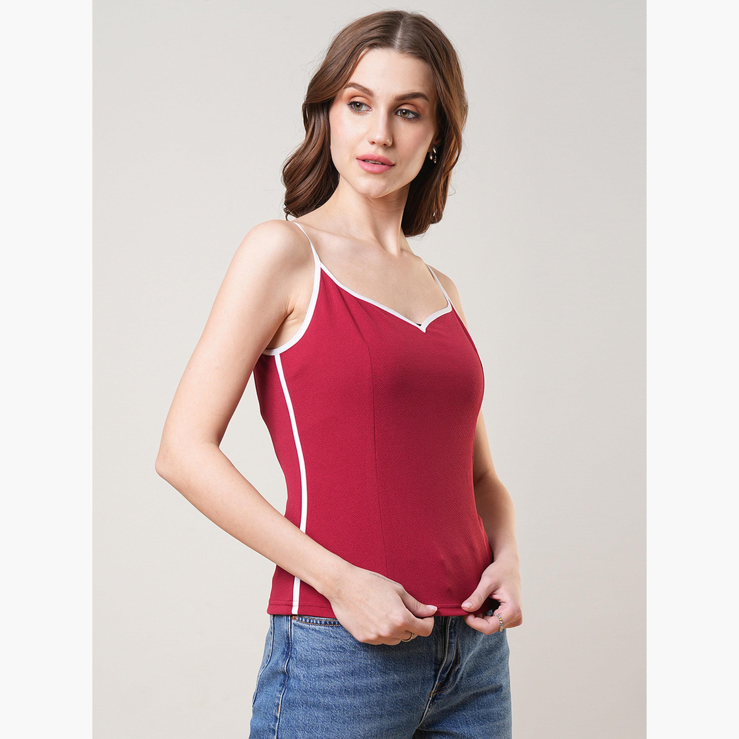 غلوبوص × ستايلي - بلوزة نسائية بأشرطة رقبة على شكل قلب لون مارون-women-clothing-tshirts-image-3