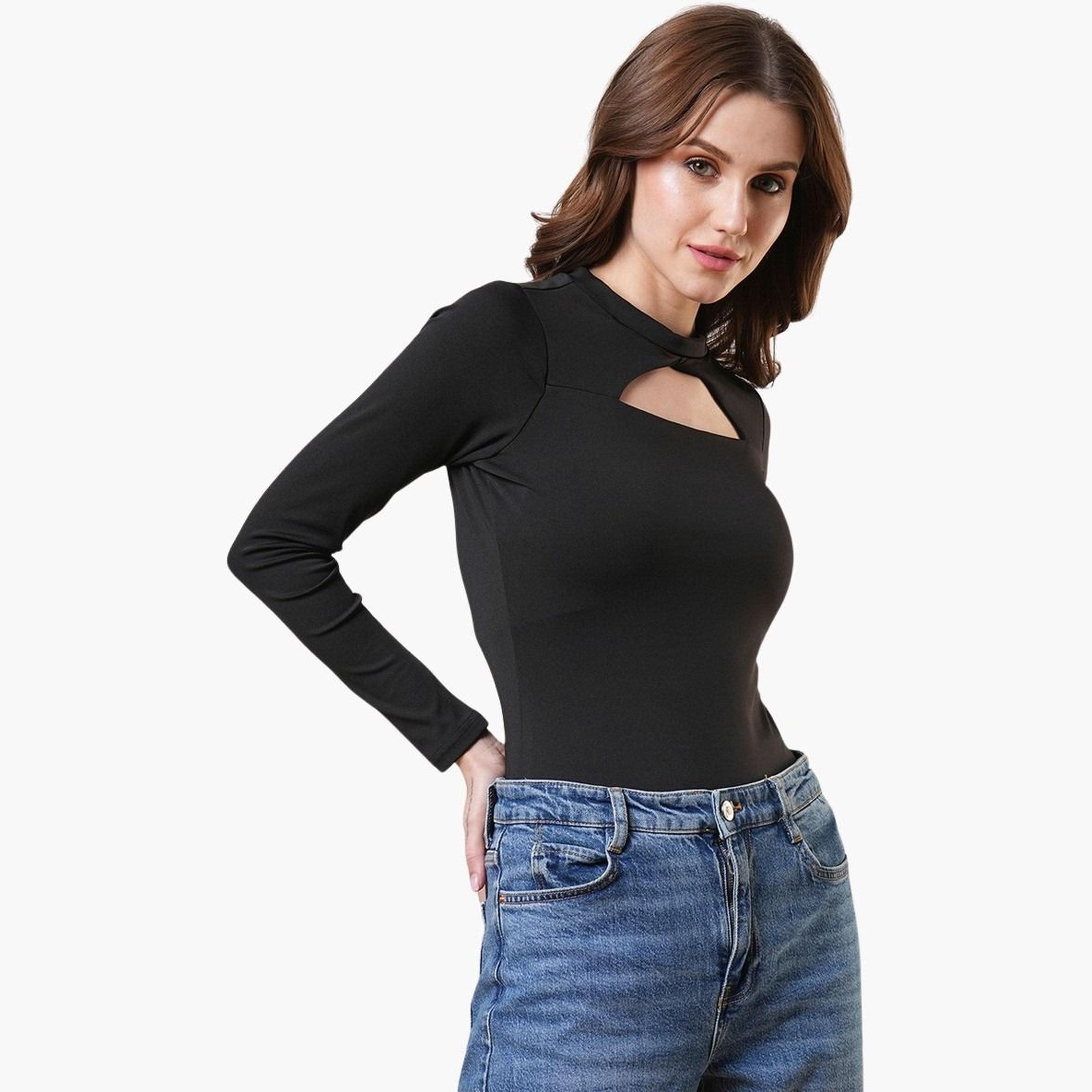 Globus X Styli Women Black Solid Keyhole Neck Bodysuit Top-women-clothing-tshirts-image-1
