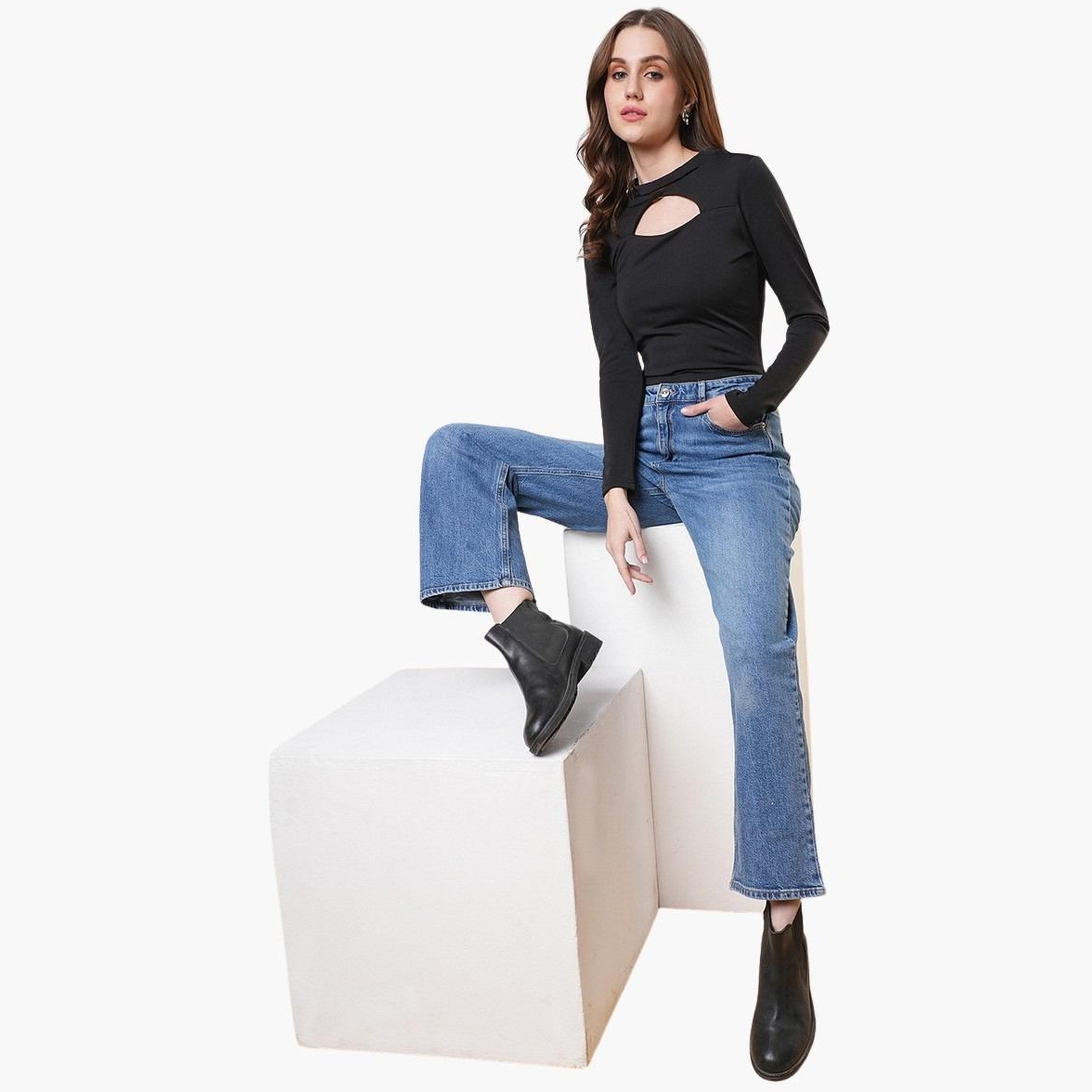 Globus X Styli Women Black Solid Keyhole Neck Bodysuit Top-women-clothing-tshirts-image-2