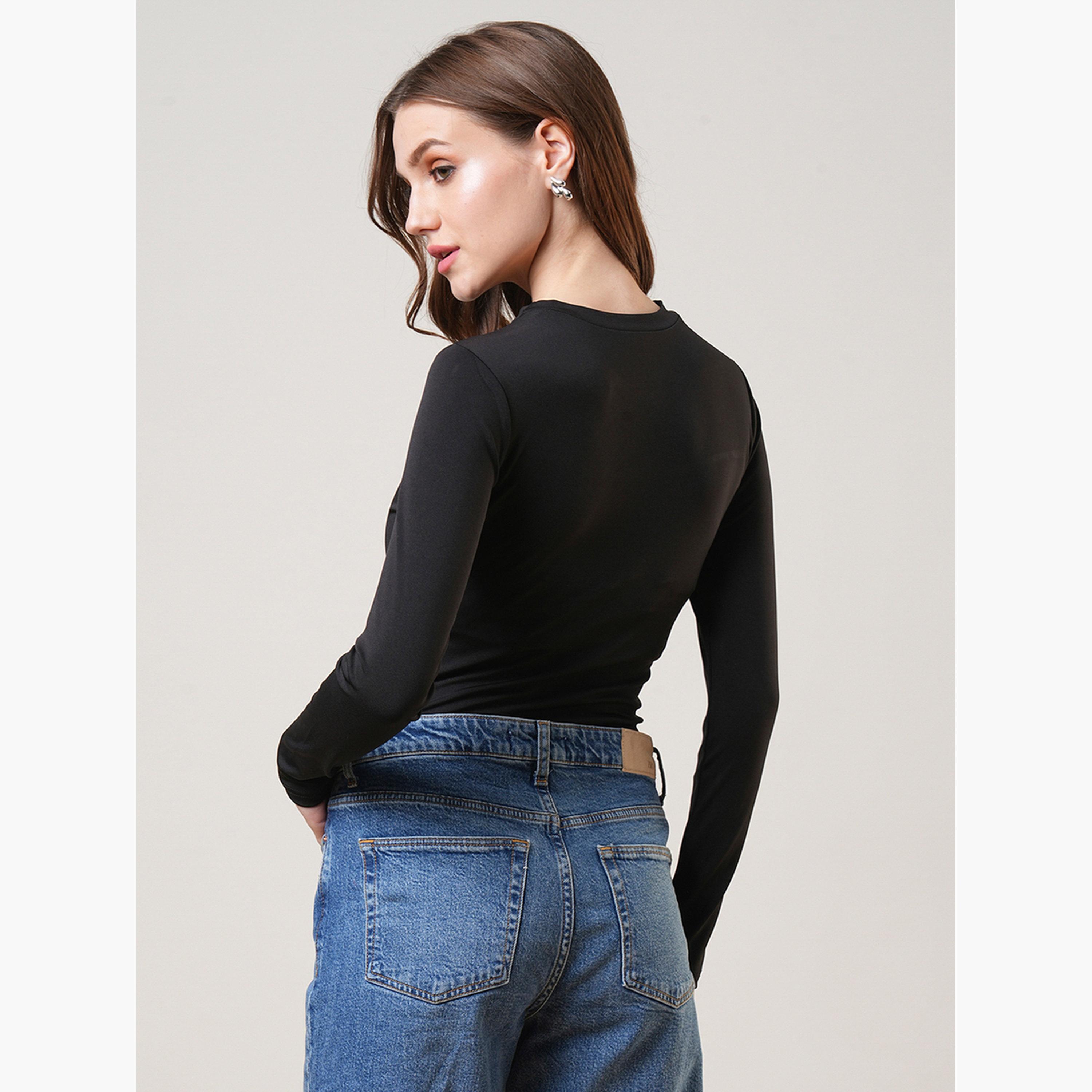 غلوبوس × ستايلي - بلوزة سوداء سادة بفتحة رقبة على شكل مفتاح للنساء-women-clothing-tshirts-image-3