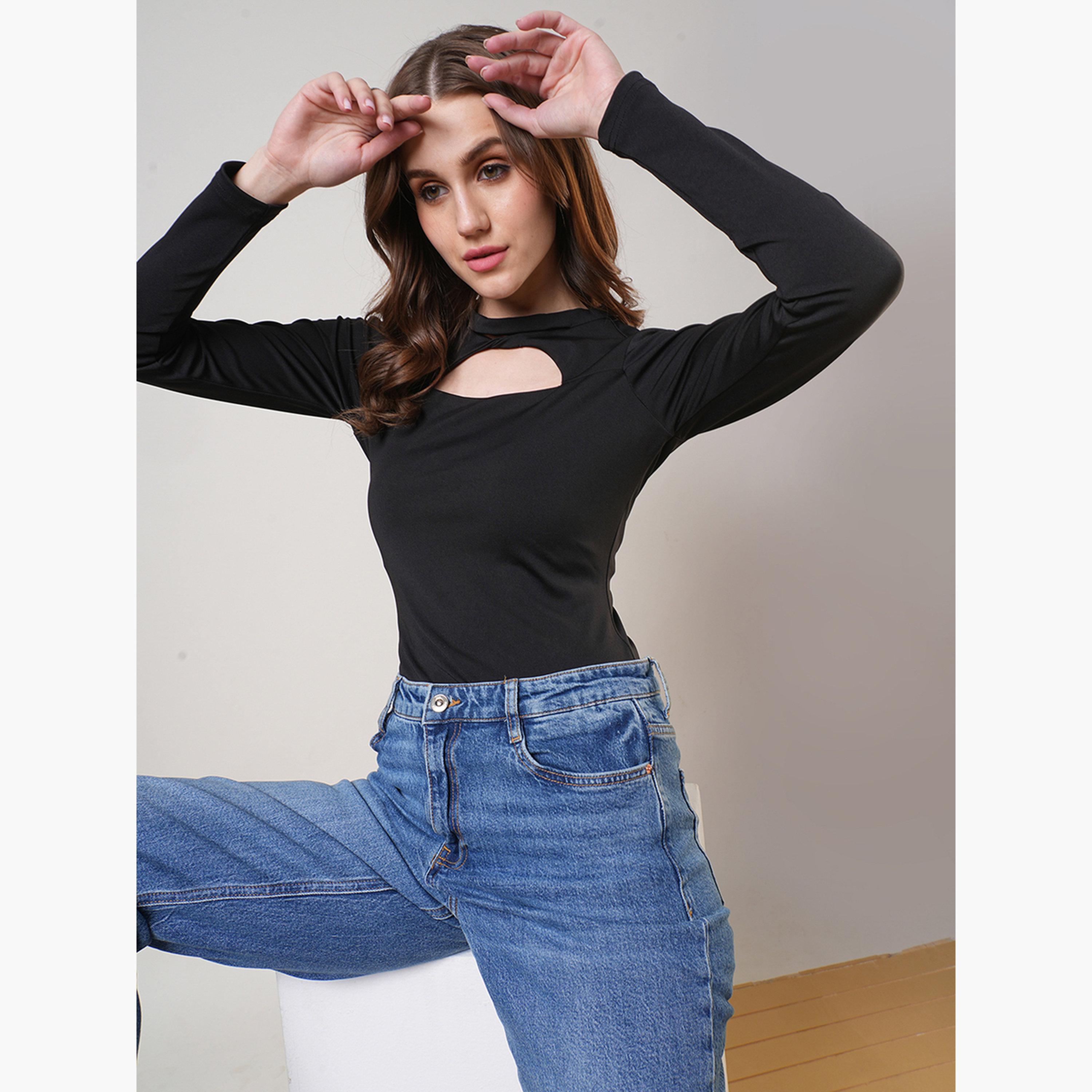 غلوبوس × ستايلي - بلوزة سوداء سادة بفتحة رقبة على شكل مفتاح للنساء-women-clothing-tshirts-image-6