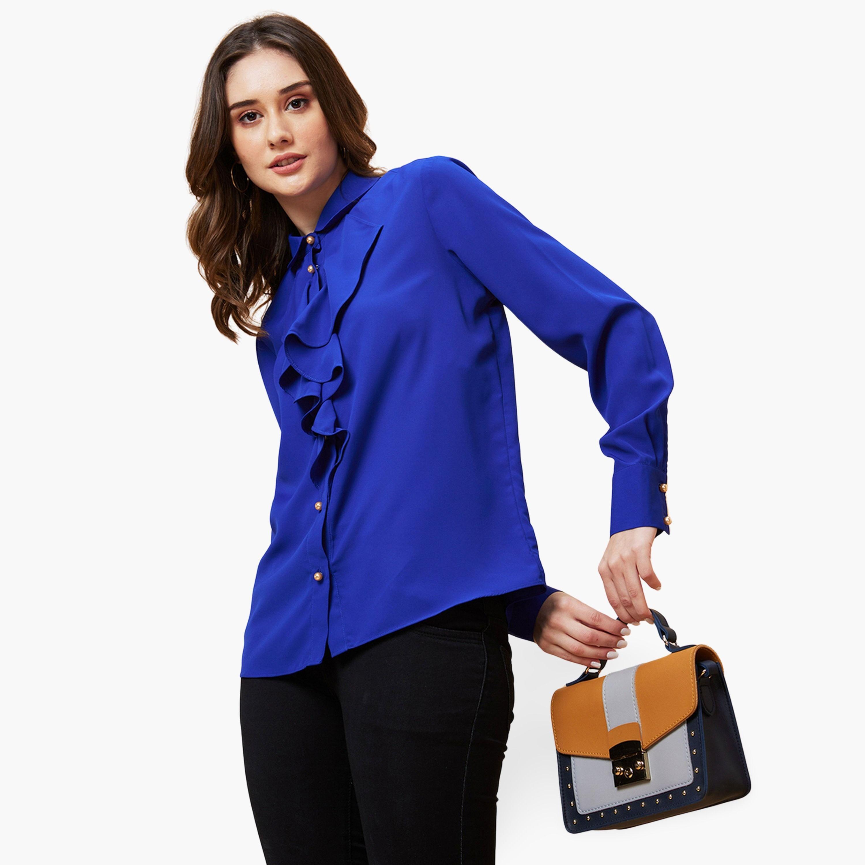 Globus X Styli Royal Blue Ruffle Front Long Sleeve Shirt-women-clothing-shirtsandblouses-blouses-image-1