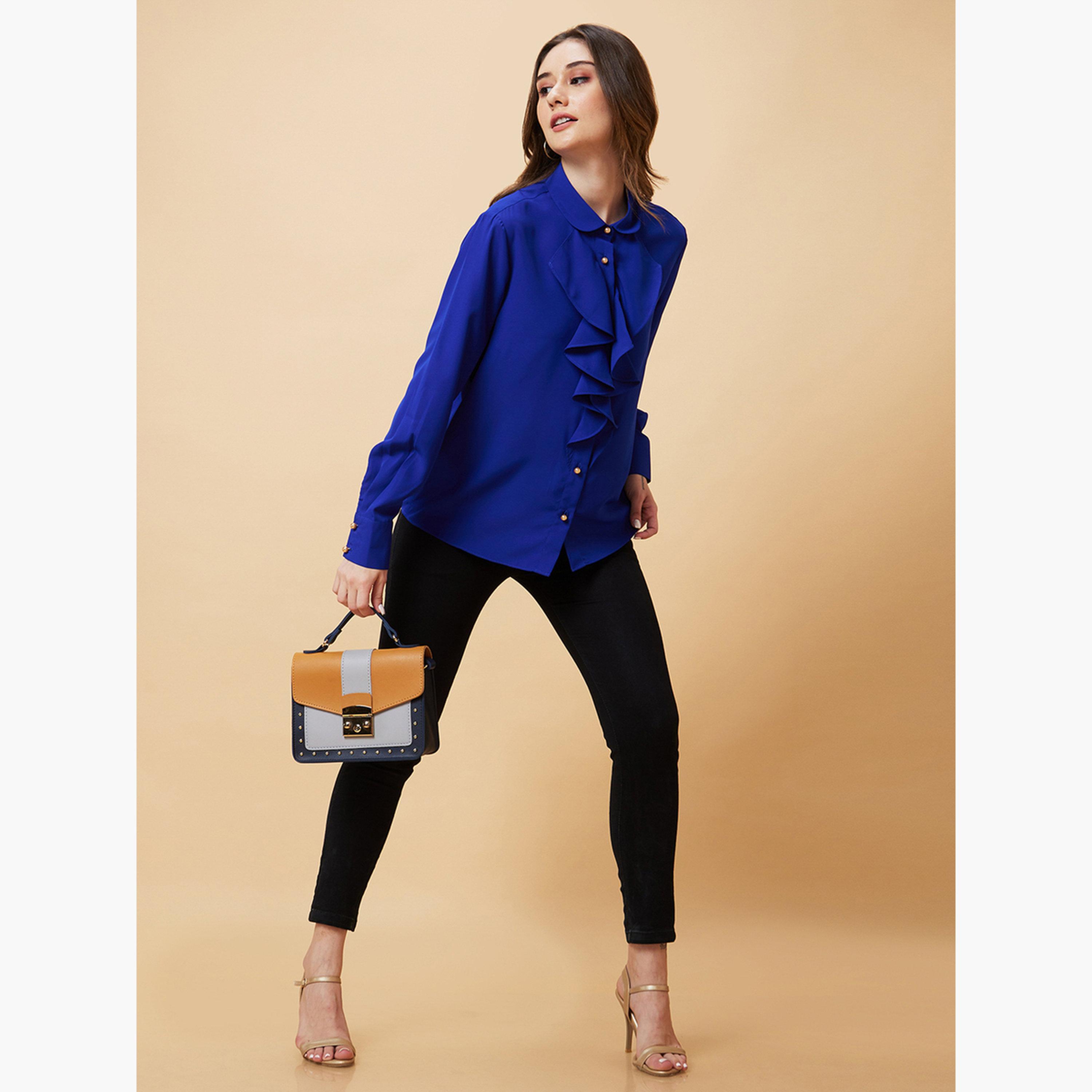 Globus X Styli Royal Blue Ruffle Front Long Sleeve Shirt-women-clothing-shirtsandblouses-blouses-image-2