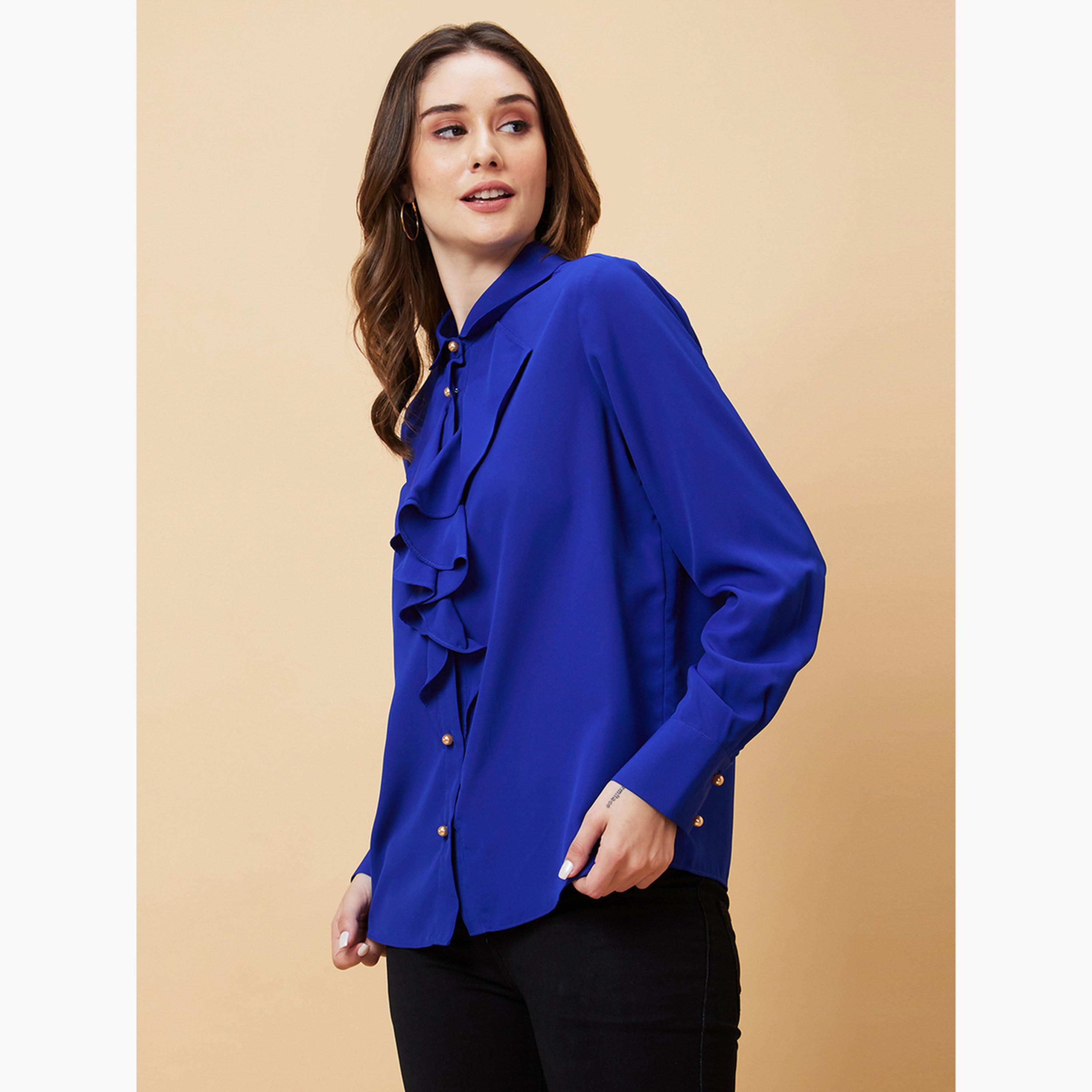 Globus X Styli Royal Blue Ruffle Front Long Sleeve Shirt-women-clothing-shirtsandblouses-blouses-image-3