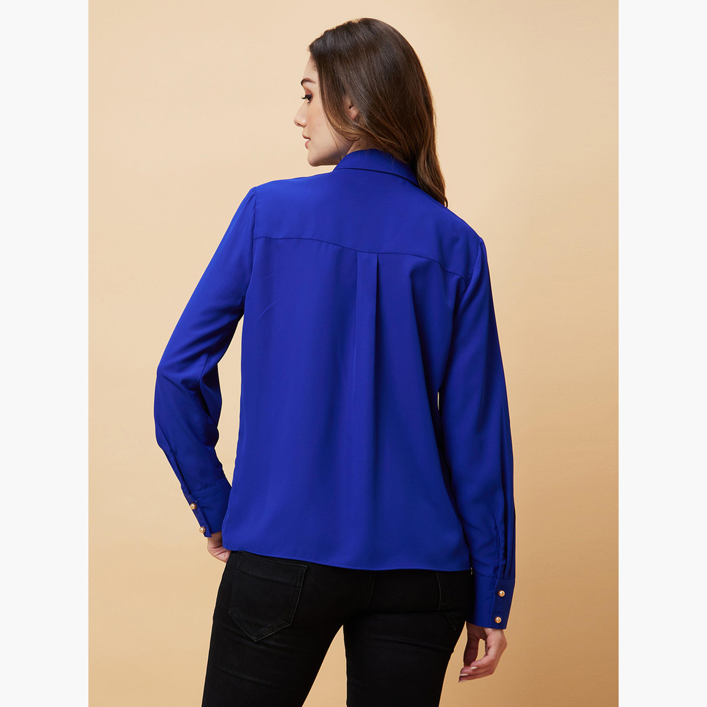 غلوبوص × ستايلي - قميص أزرق ملكي بأكمام طويلة مع كشكشة أمامية-women-clothing-shirtsandblouses-blouses-image-4