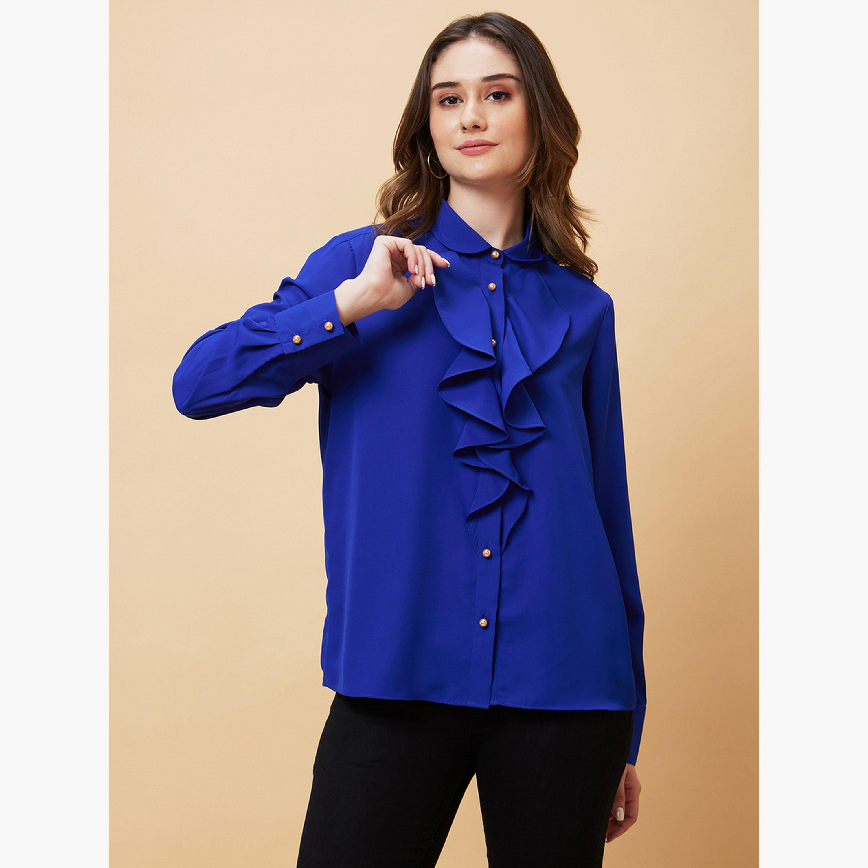 Globus X Styli Royal Blue Ruffle Front Long Sleeve Shirt-women-clothing-shirtsandblouses-blouses-image-5