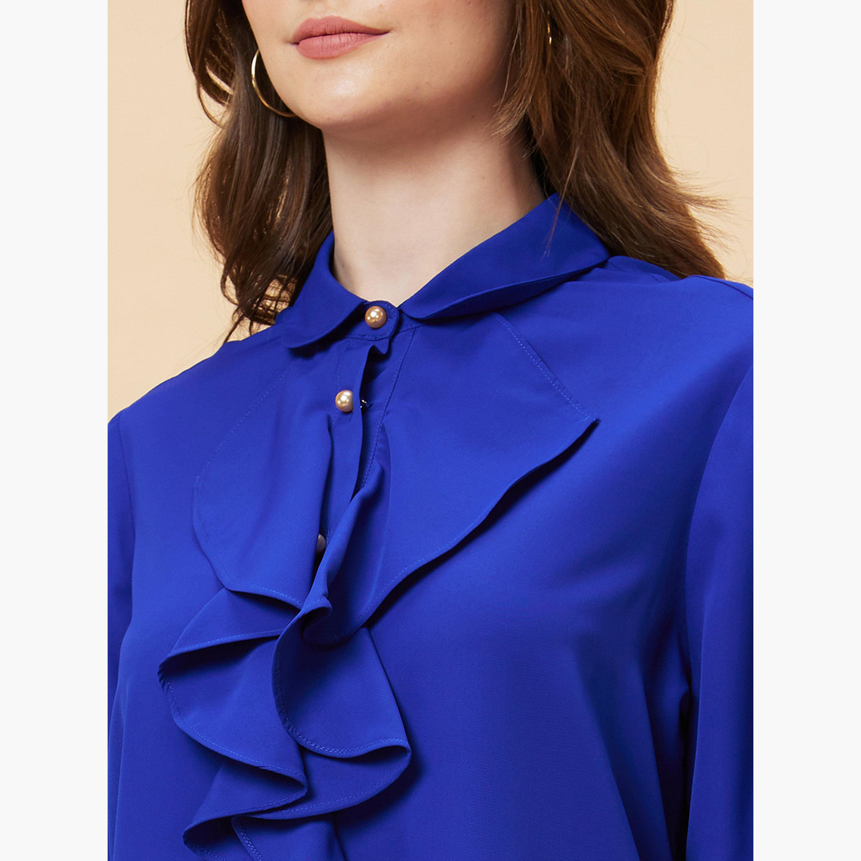 Globus X Styli Royal Blue Ruffle Front Long Sleeve Shirt-women-clothing-shirtsandblouses-blouses-image-6