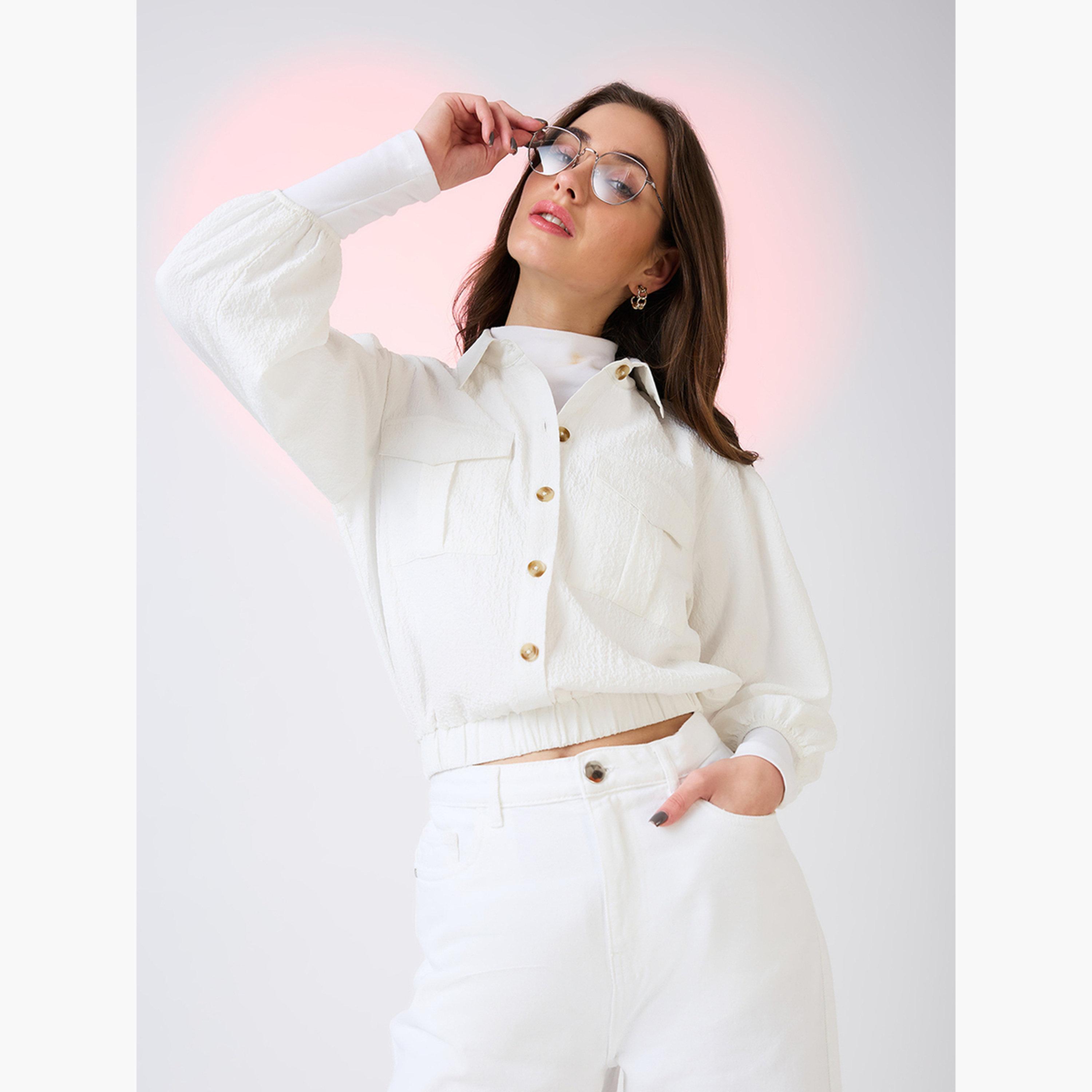 Globus X Styli White Textured Crop Shirt with Puffed Sleeves-women-clothing-shirtsandblouses-blouses-image-1