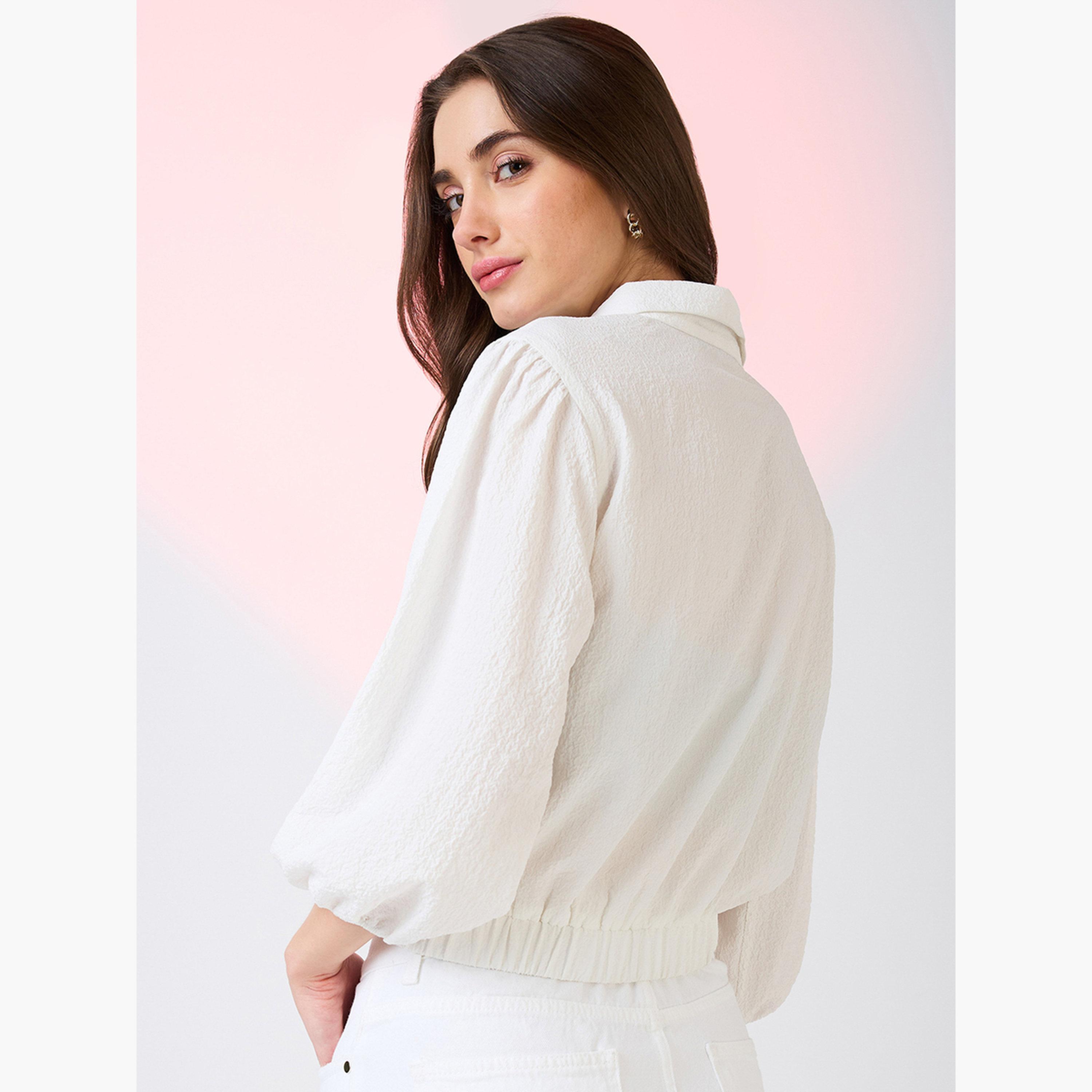 غلوبوص × ستايلي - قميص قصير أبيض منقوش بأكمام منتفخة-women-clothing-shirtsandblouses-blouses-image-3