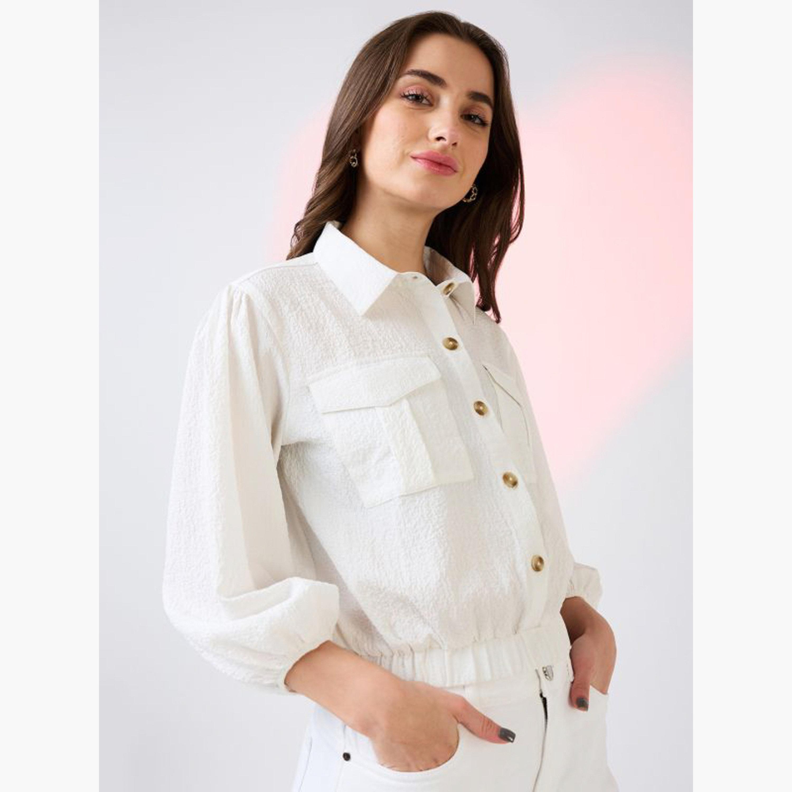 Globus X Styli White Textured Crop Shirt with Puffed Sleeves-women-clothing-shirtsandblouses-blouses-image-4