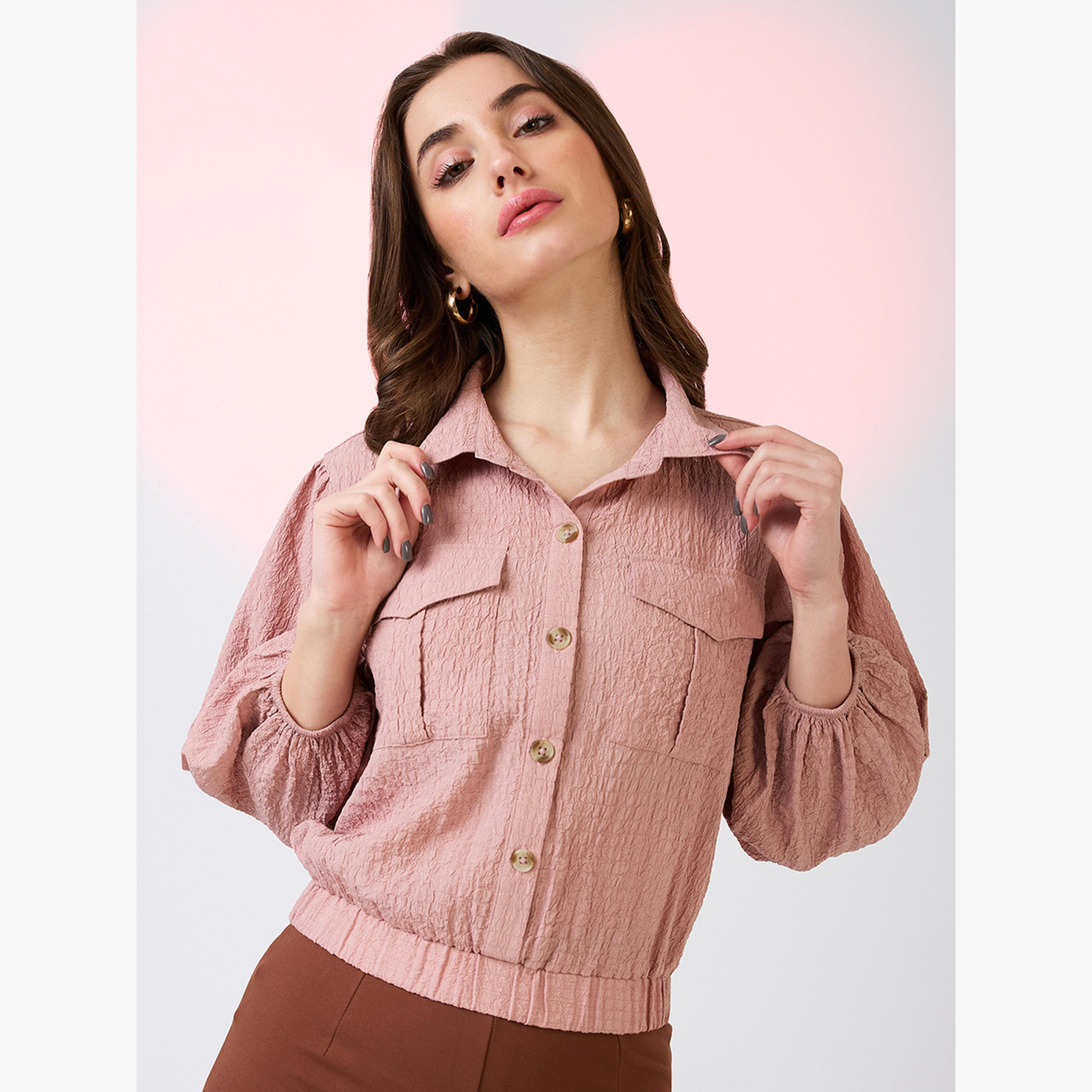 Globus X Styli Pink Textured Crop Shirt with Puffed Sleeves-women-clothing-shirtsandblouses-blouses-image-1