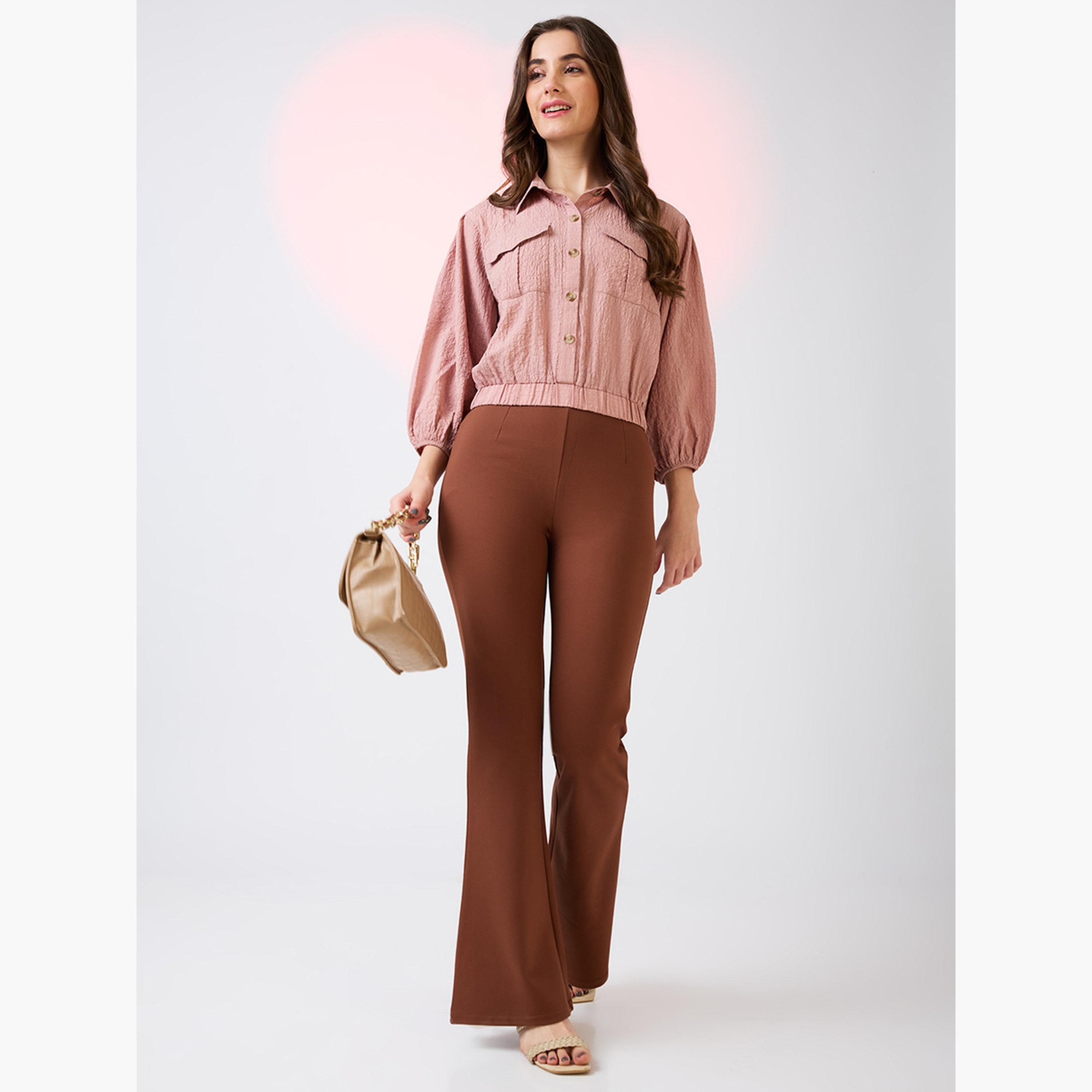 Globus X Styli Pink Textured Crop Shirt with Puffed Sleeves-women-clothing-shirtsandblouses-blouses-image-2