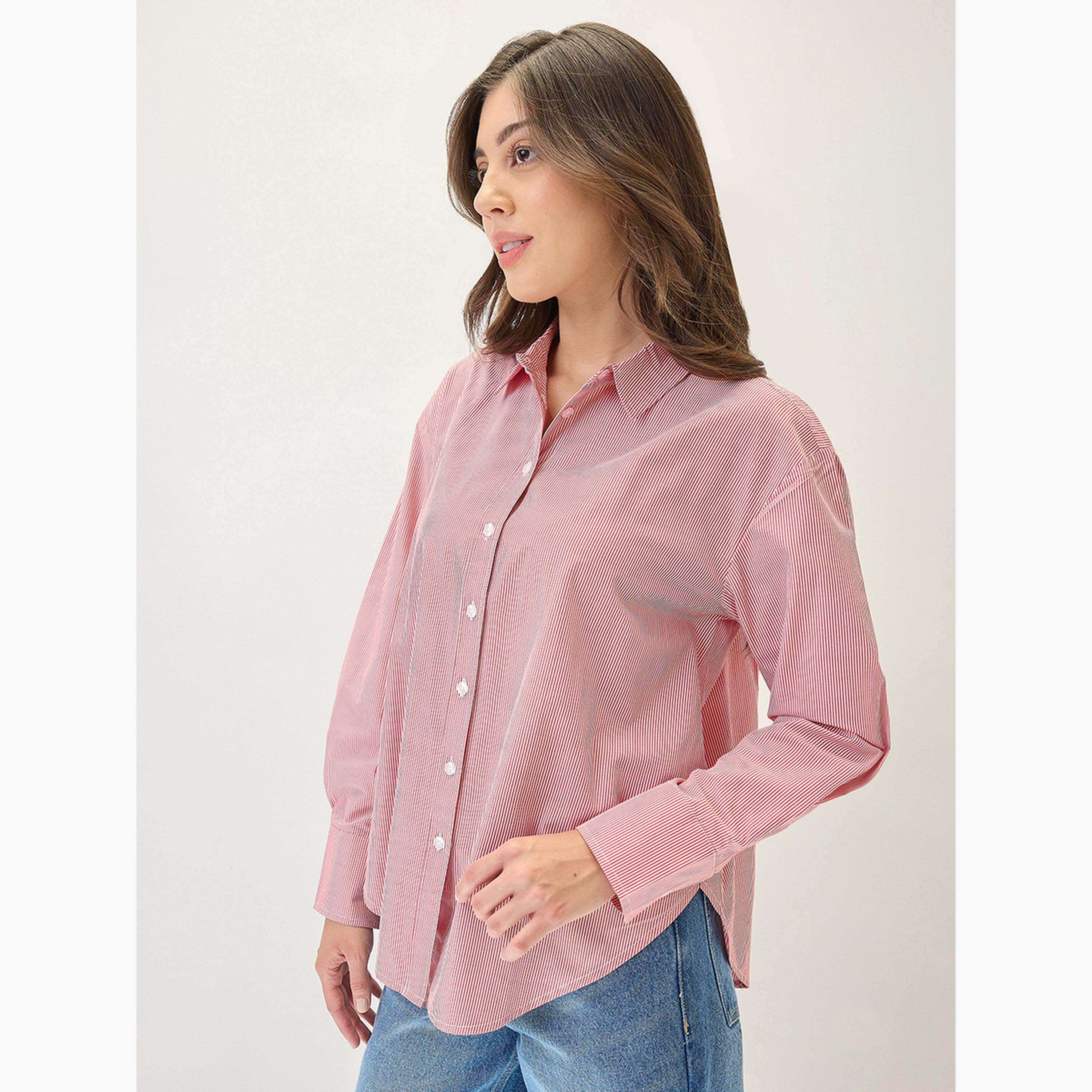 غلوبوص × ستايلي - قميص مخطط أحمر مقاس واسع-women-clothing-shirtsandblouses-shirts-image-1