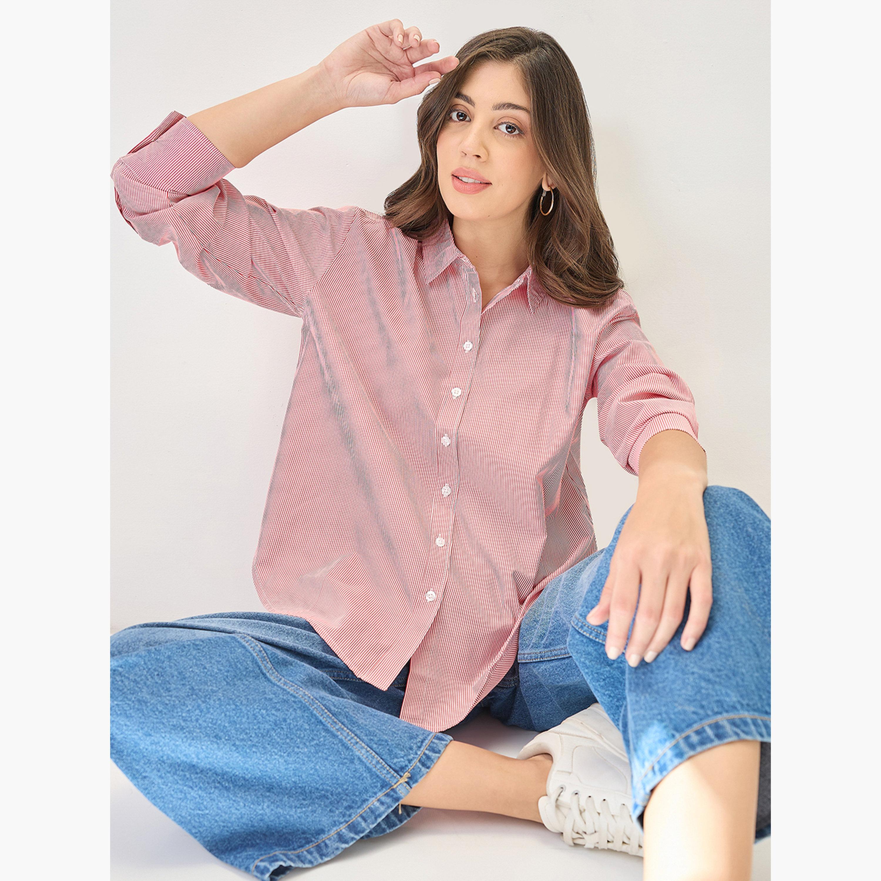 Globus X Styli Red Striped Oversized Shirt-women-clothing-shirtsandblouses-shirts-image-4