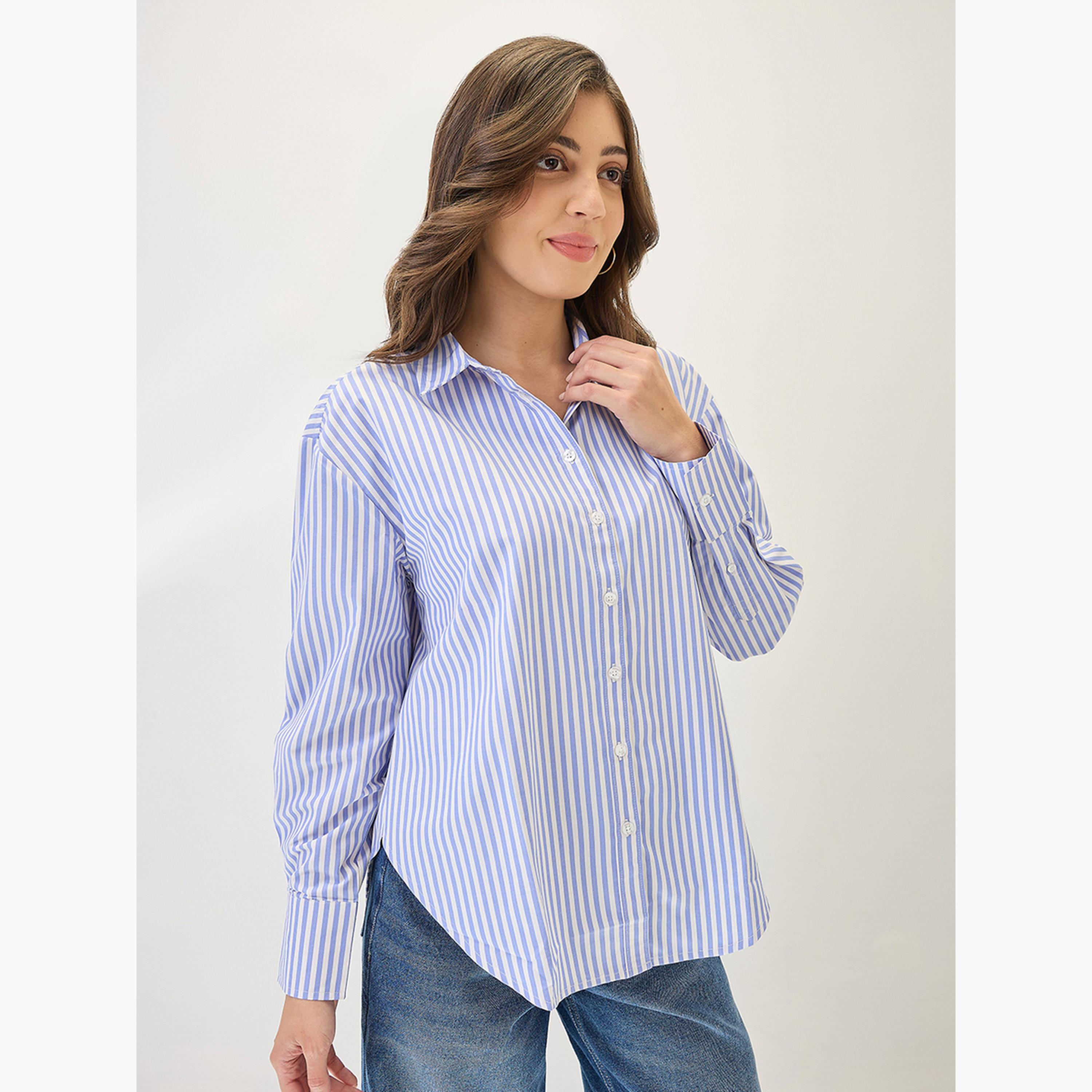 غلوبوص × ستايلي - قميص مخطط أزرق مقاس واسع-women-clothing-shirtsandblouses-shirts-image-1