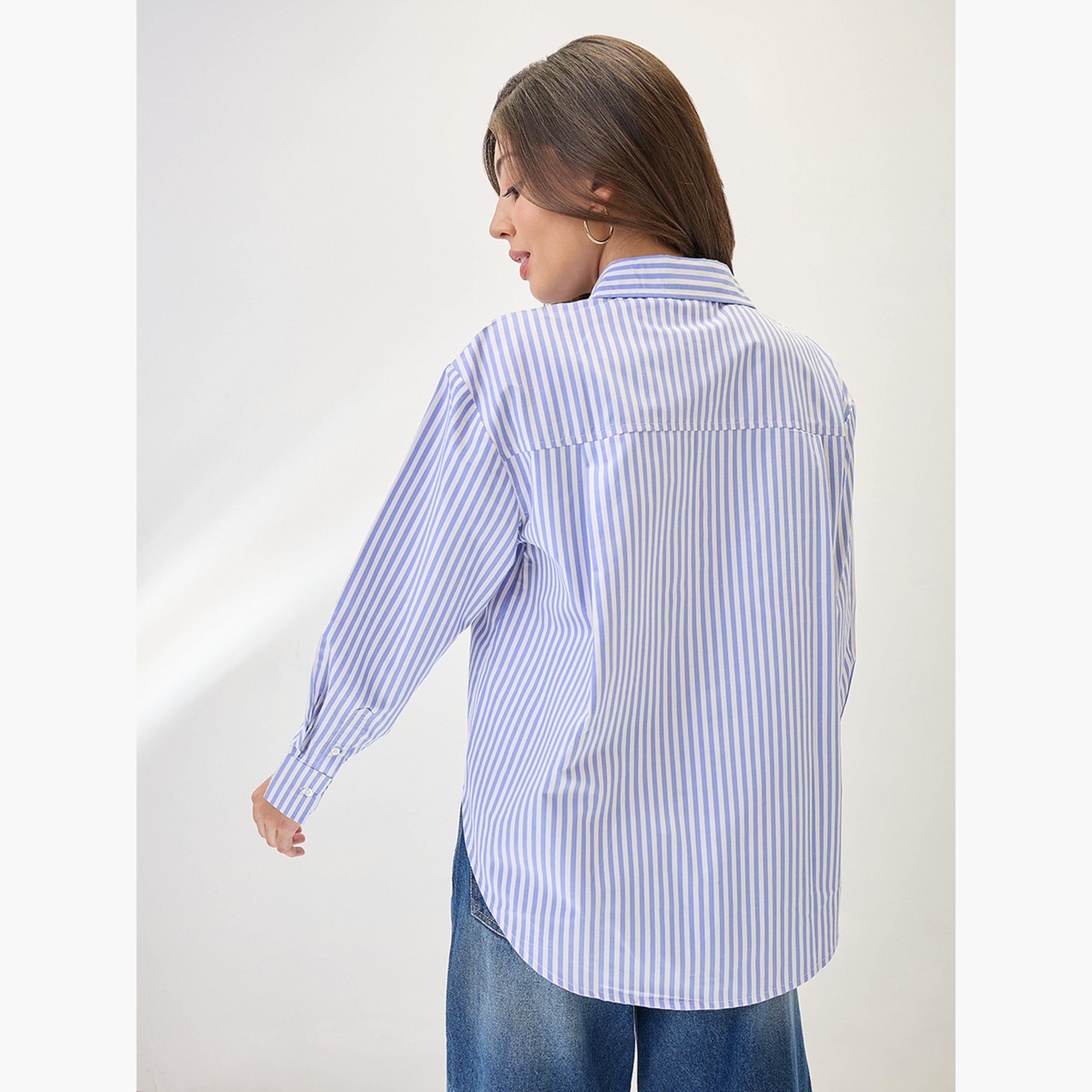 Globus X Styli Blue Striped Oversized Shirt-women-clothing-shirtsandblouses-shirts-image-3