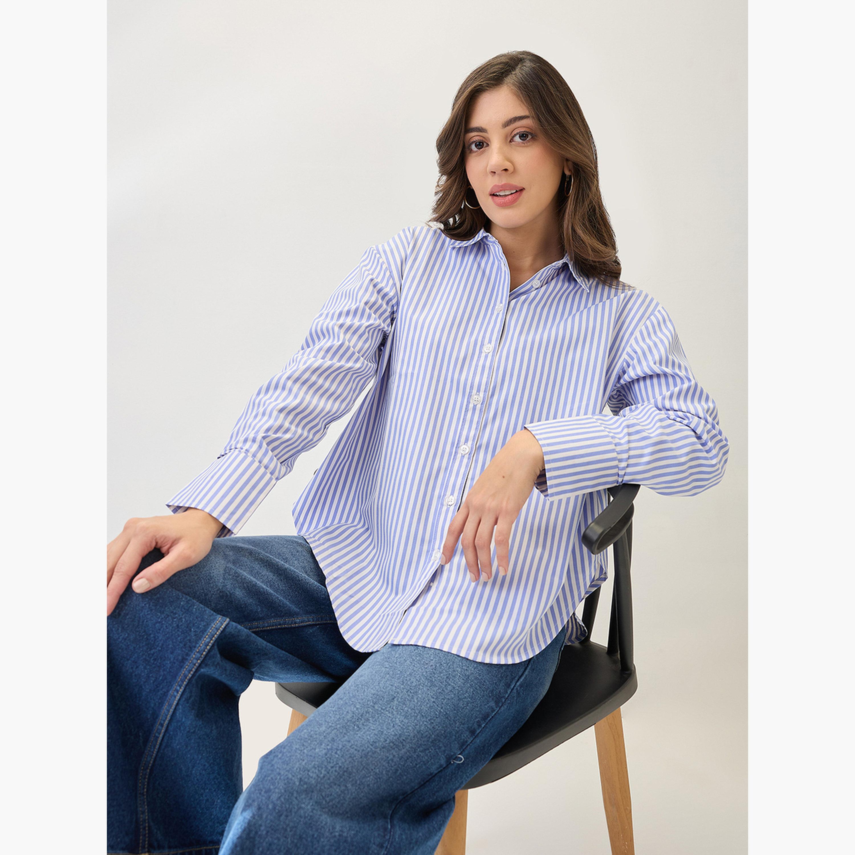 Globus X Styli Blue Striped Oversized Shirt-women-clothing-shirtsandblouses-shirts-image-4