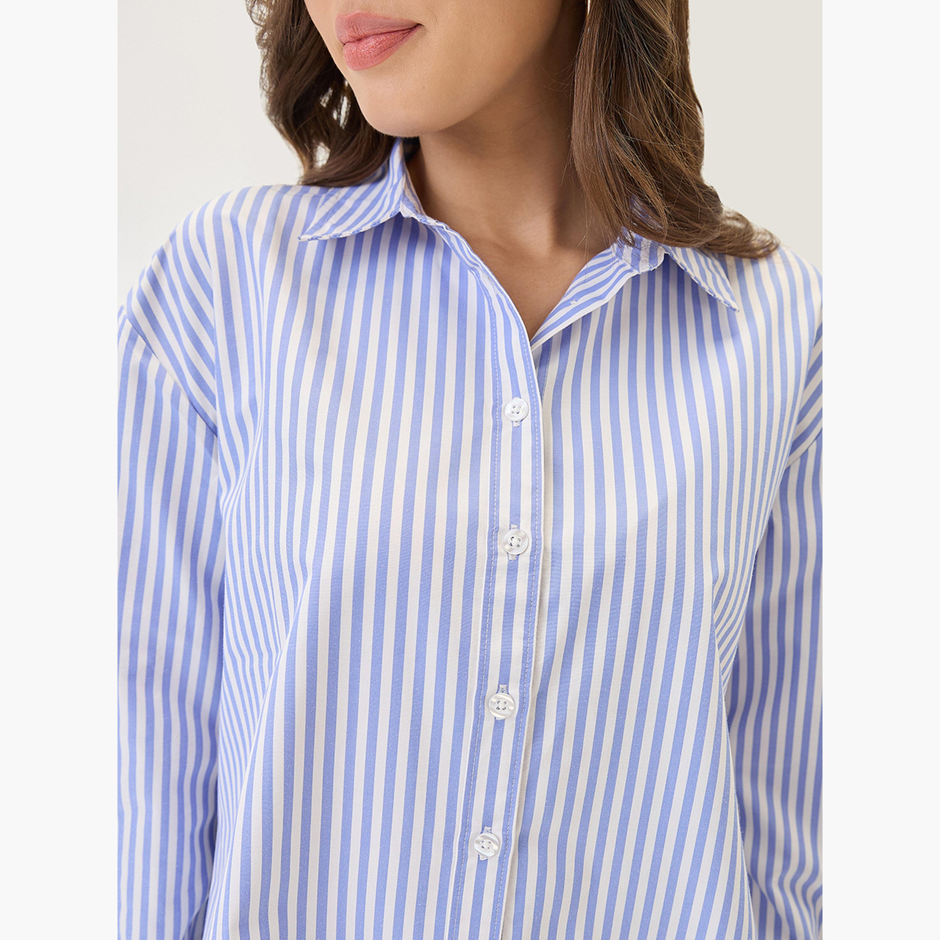 غلوبوص × ستايلي - قميص مخطط أزرق مقاس واسع-women-clothing-shirtsandblouses-shirts-image-5