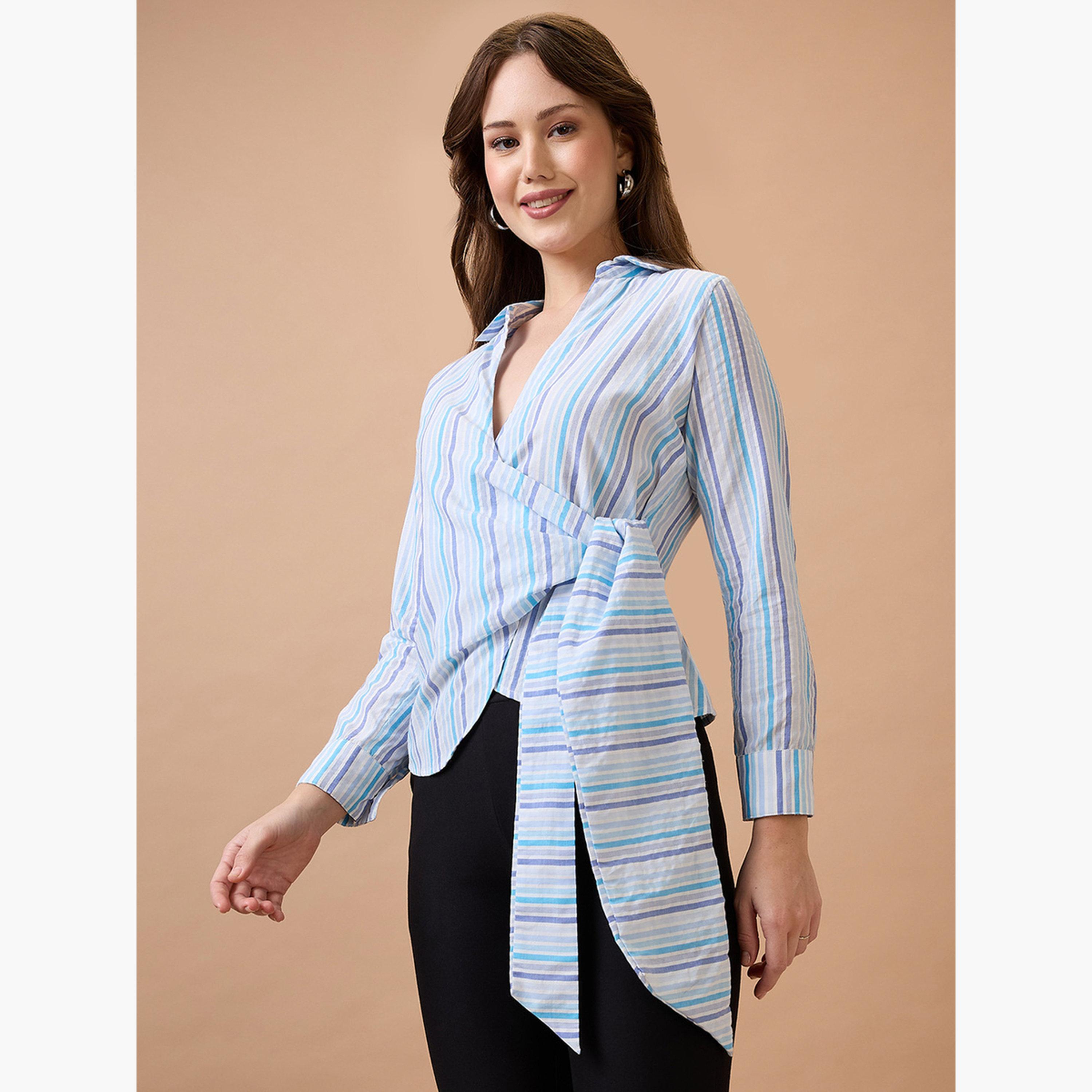 غلوبوس × ستايلي - قميص ملفوف بخطوط زرقاء ورباط على الخصر للنساء-women-clothing-shirtsandblouses-shirts-image-1