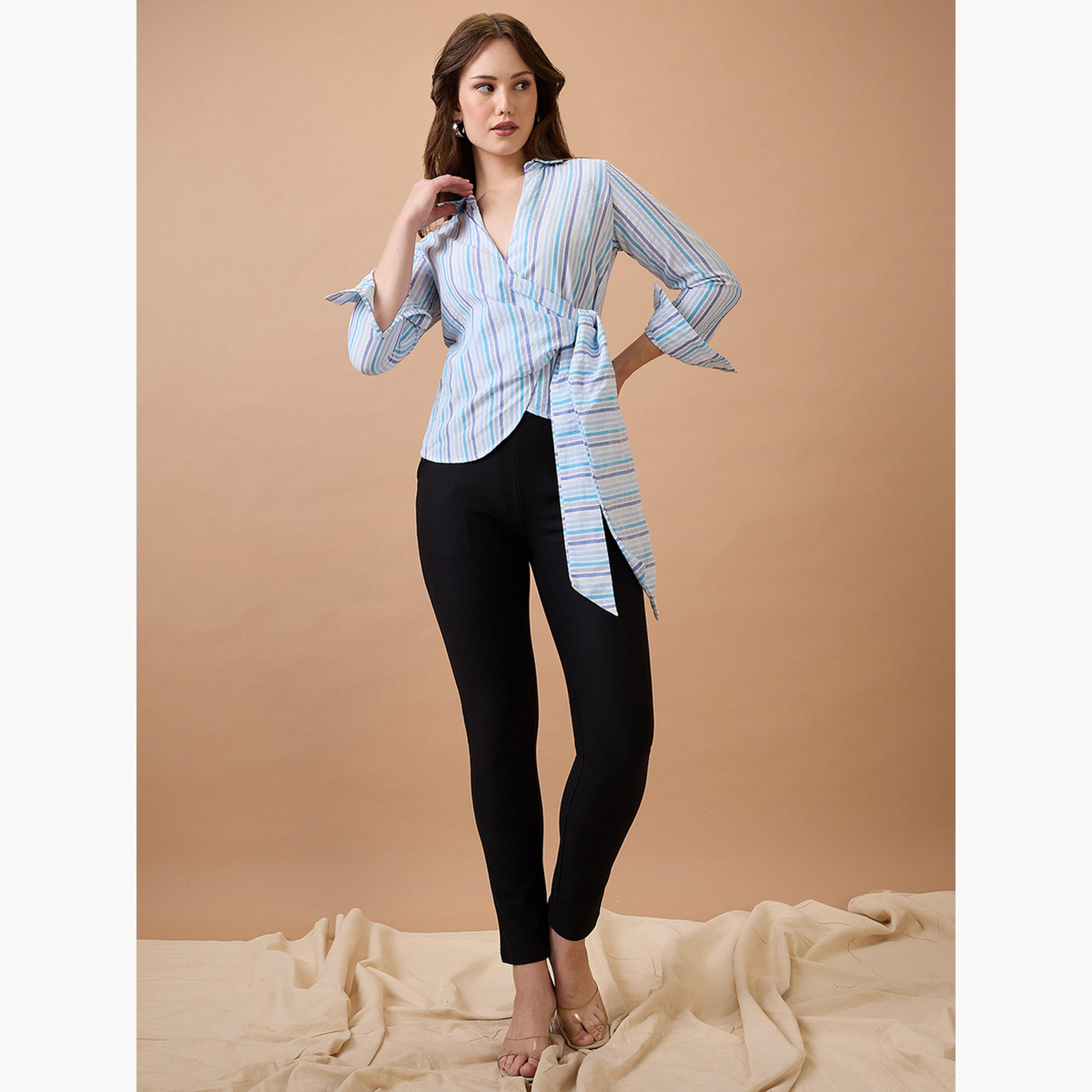 غلوبوس × ستايلي - قميص ملفوف بخطوط زرقاء ورباط على الخصر للنساء-women-clothing-shirtsandblouses-shirts-image-2