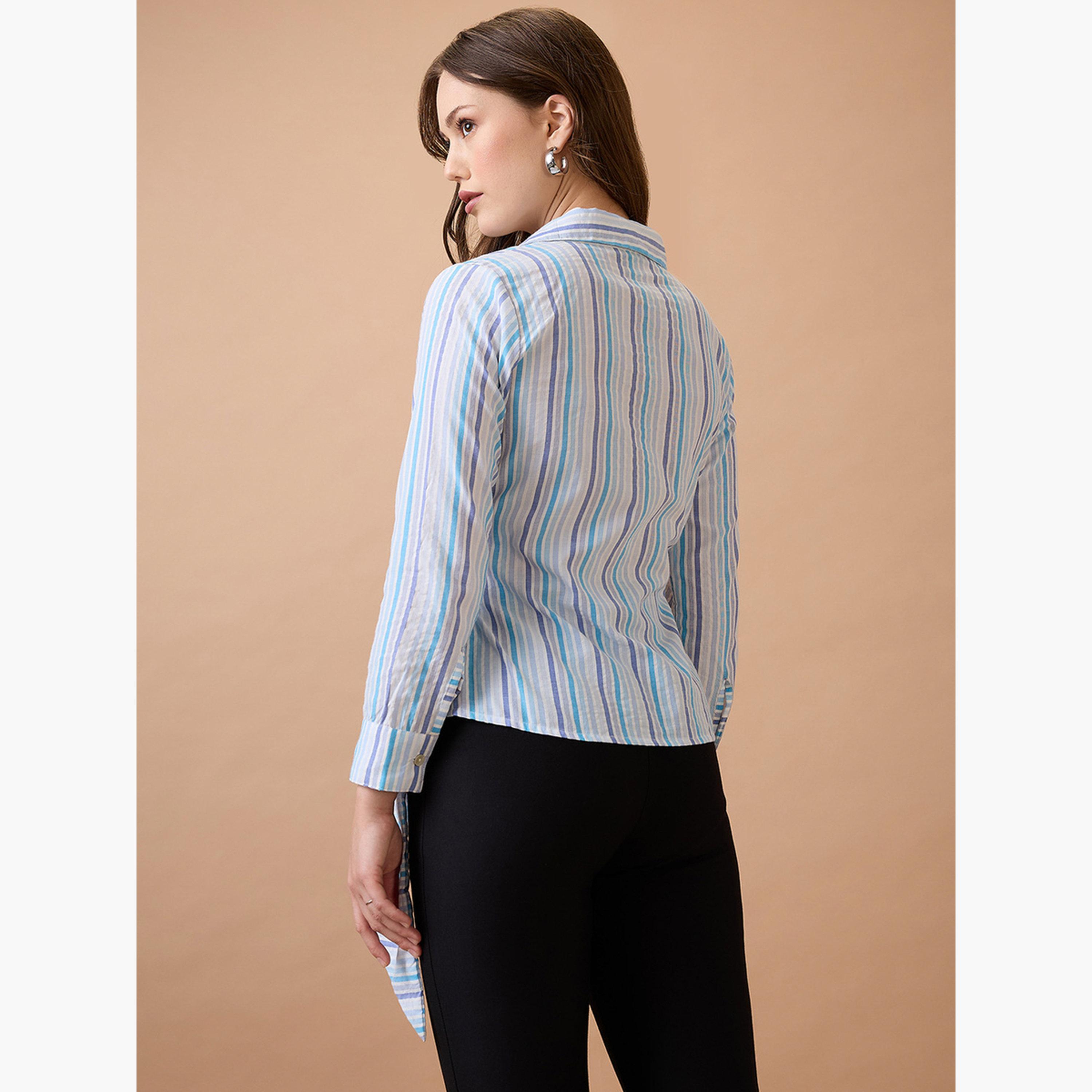 غلوبوس × ستايلي - قميص ملفوف بخطوط زرقاء ورباط على الخصر للنساء-women-clothing-shirtsandblouses-shirts-image-3
