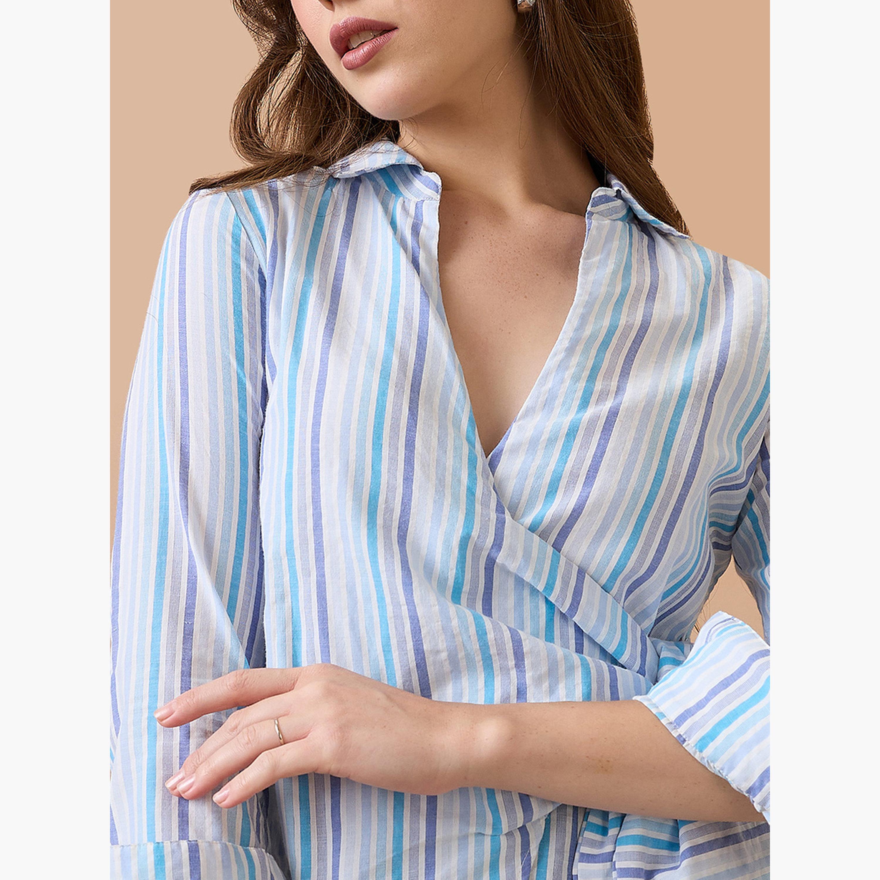غلوبوس × ستايلي - قميص ملفوف بخطوط زرقاء ورباط على الخصر للنساء-women-clothing-shirtsandblouses-shirts-image-4