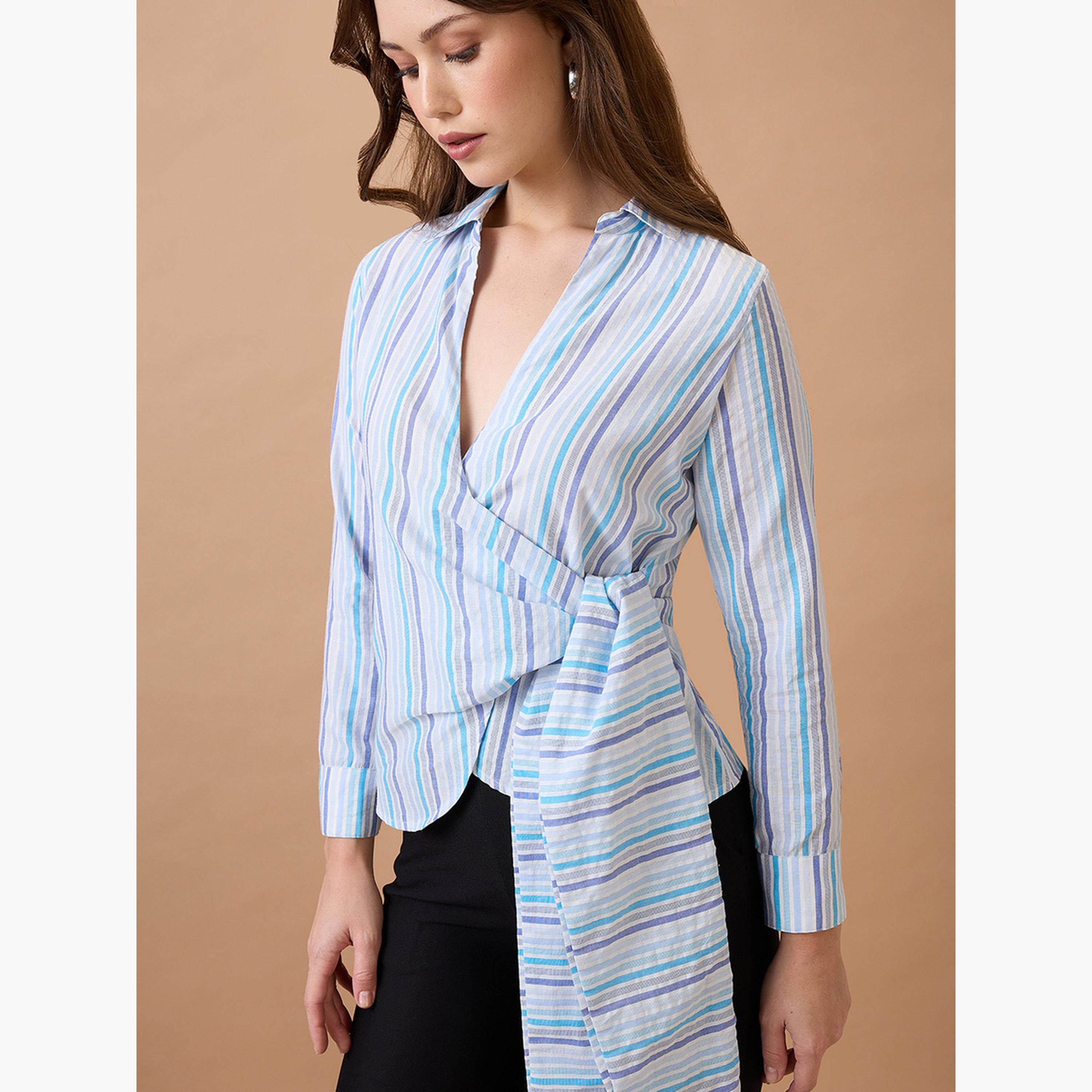 غلوبوس × ستايلي - قميص ملفوف بخطوط زرقاء ورباط على الخصر للنساء-women-clothing-shirtsandblouses-shirts-image-5