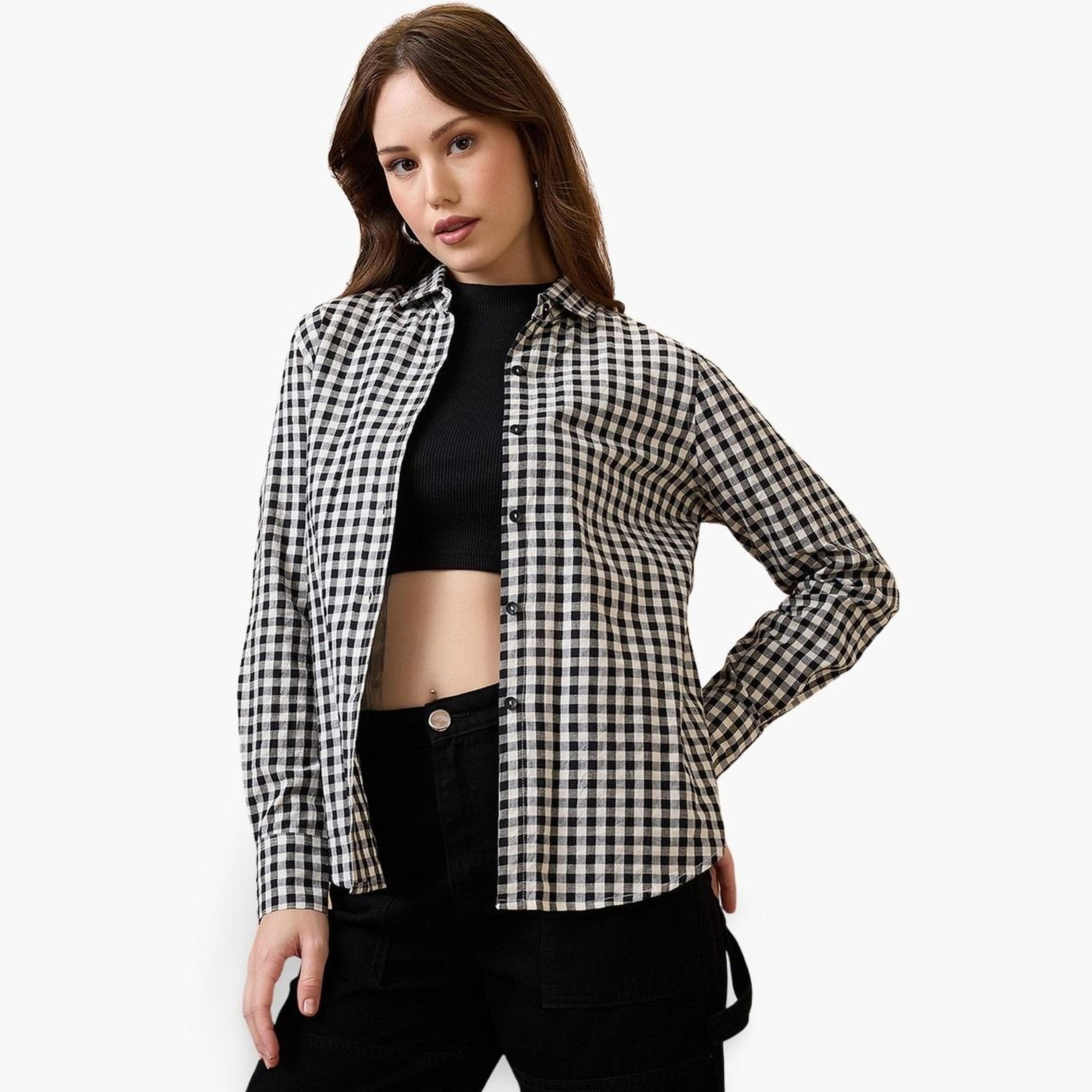 غلوبوص × ستايلي - قميص نسائي بطبعة مربعات رقبة بياقة-women-clothing-shirtsandblouses-shirts-image-1
