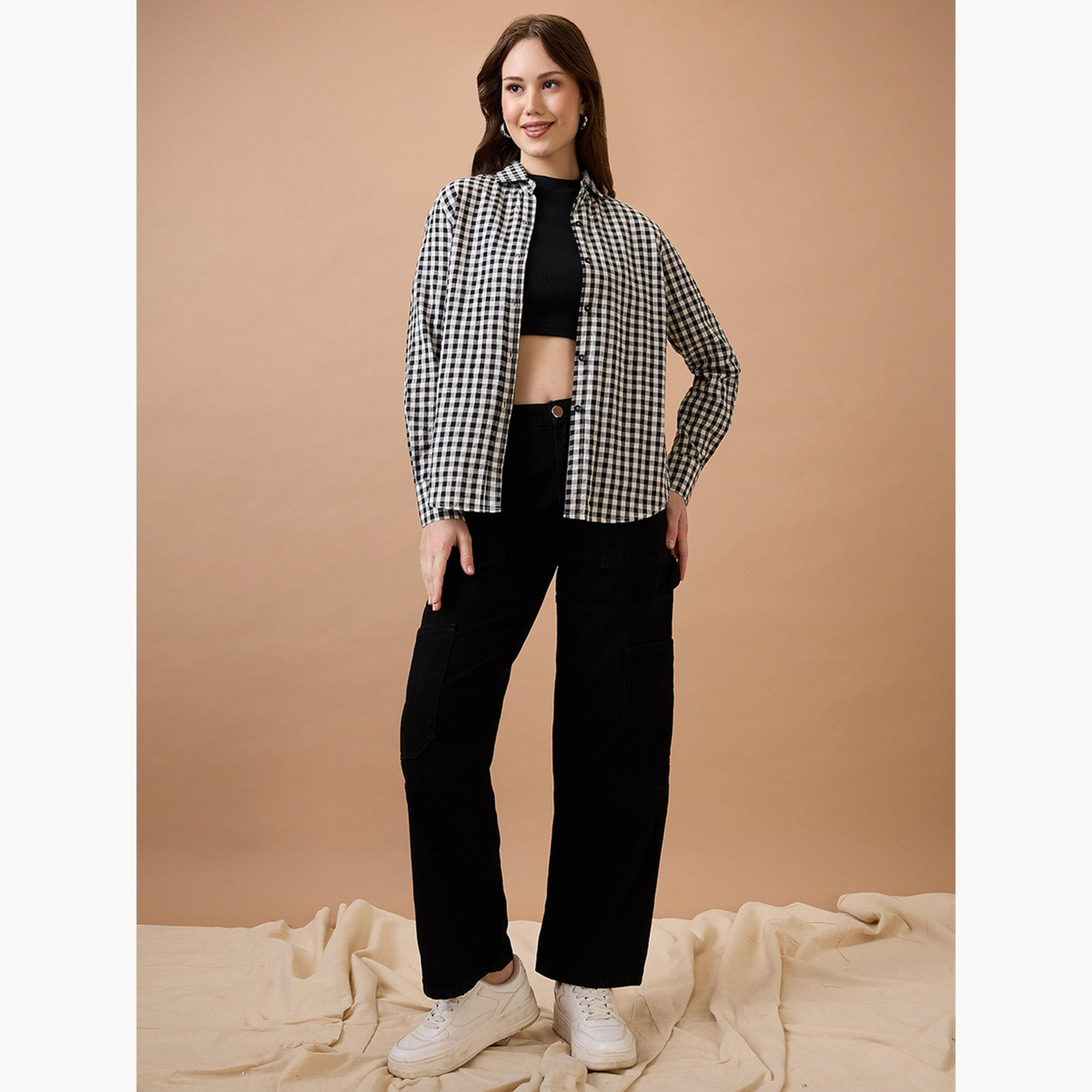 غلوبوص × ستايلي - قميص نسائي بطبعة مربعات رقبة بياقة-women-clothing-shirtsandblouses-shirts-image-2