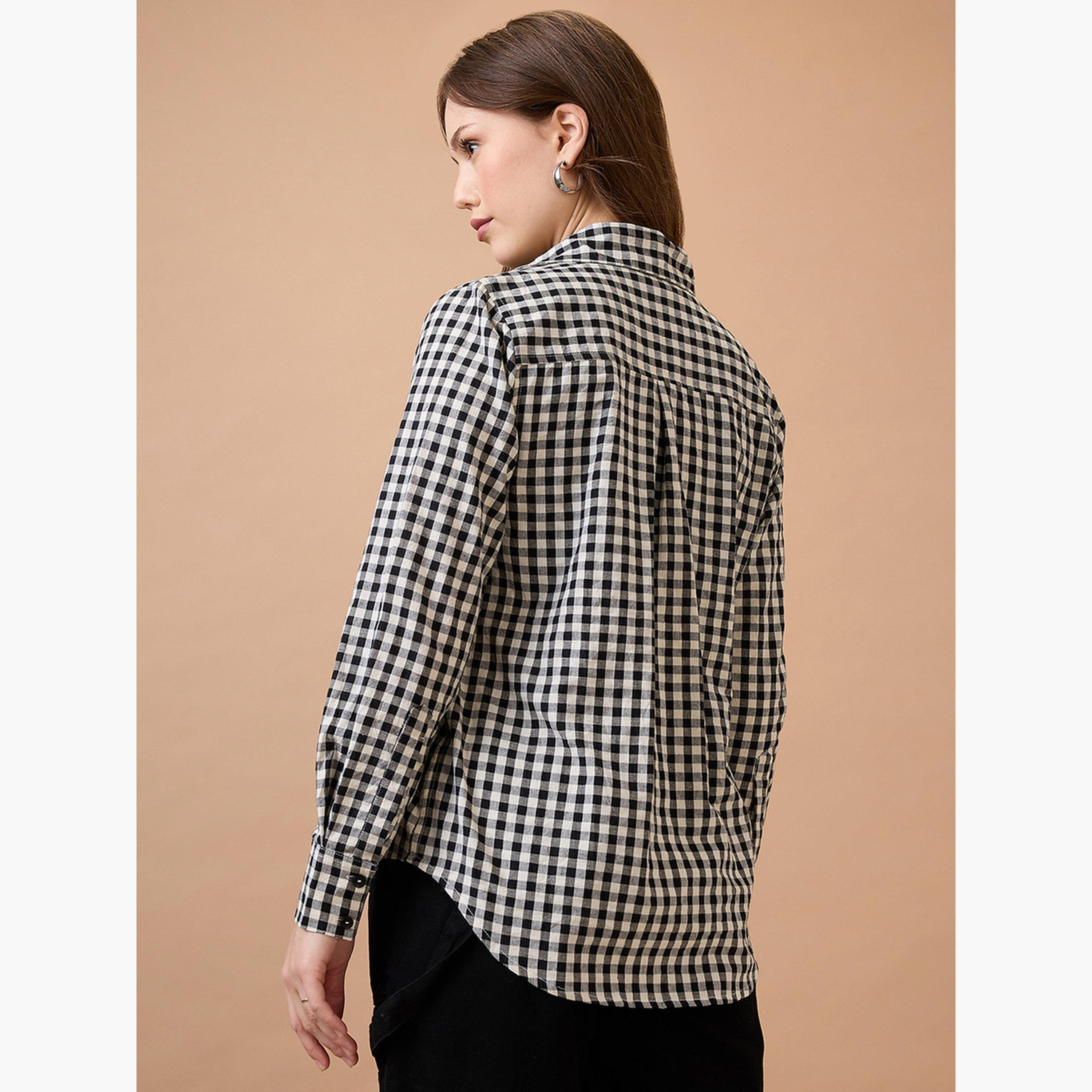 غلوبوص × ستايلي - قميص نسائي بطبعة مربعات رقبة بياقة-women-clothing-shirtsandblouses-shirts-image-3