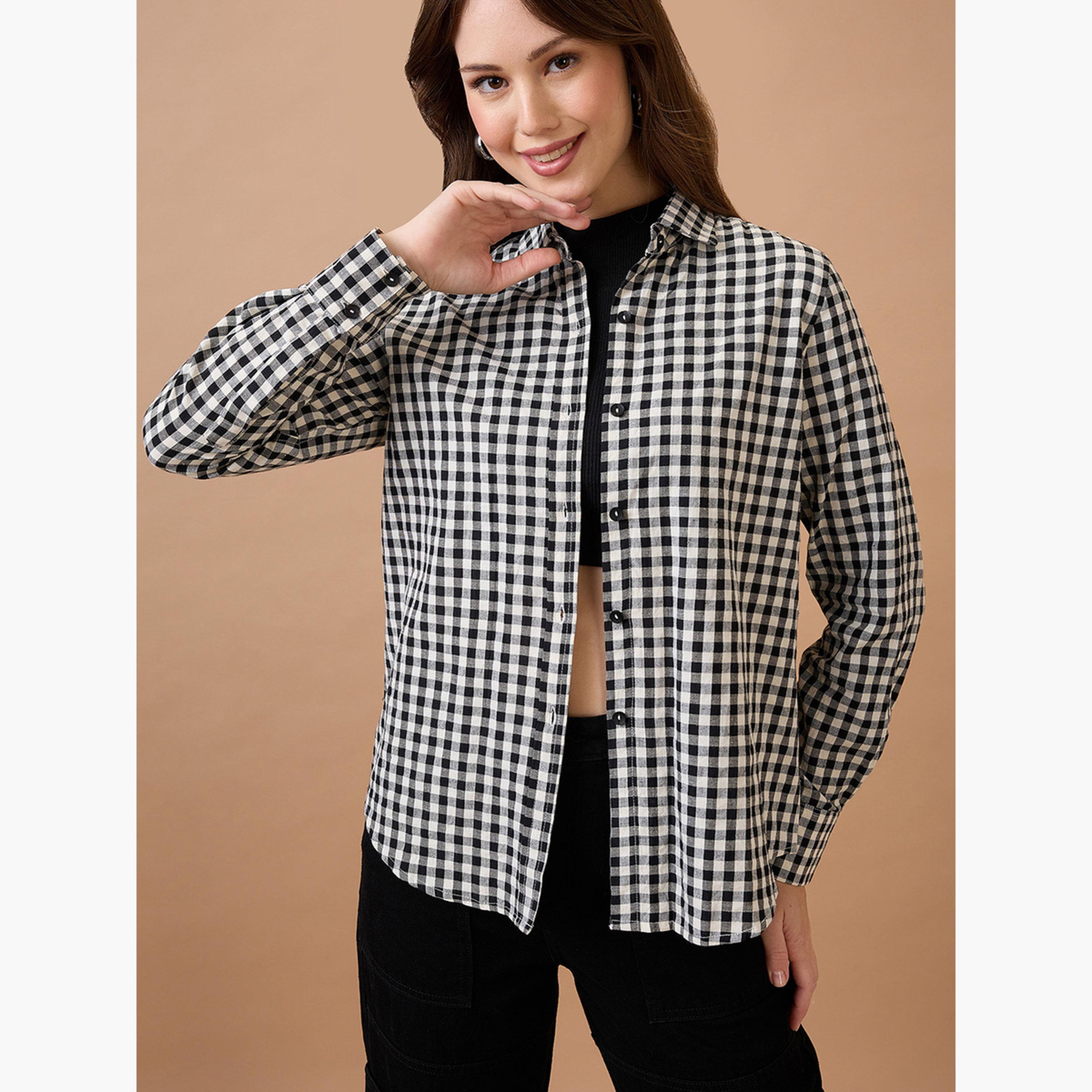غلوبوص × ستايلي - قميص نسائي بطبعة مربعات رقبة بياقة-women-clothing-shirtsandblouses-shirts-image-4