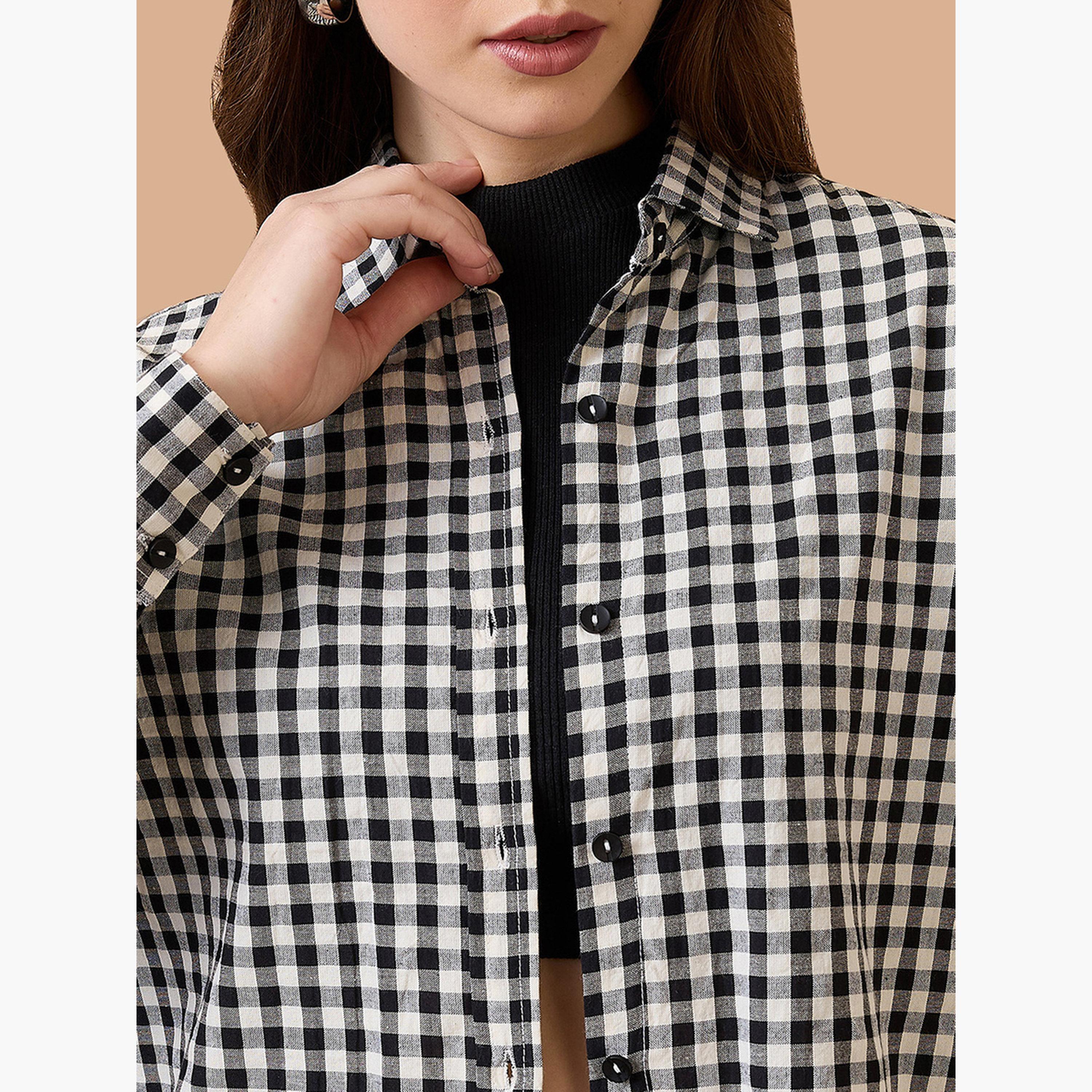 غلوبوص × ستايلي - قميص نسائي بطبعة مربعات رقبة بياقة-women-clothing-shirtsandblouses-shirts-image-5