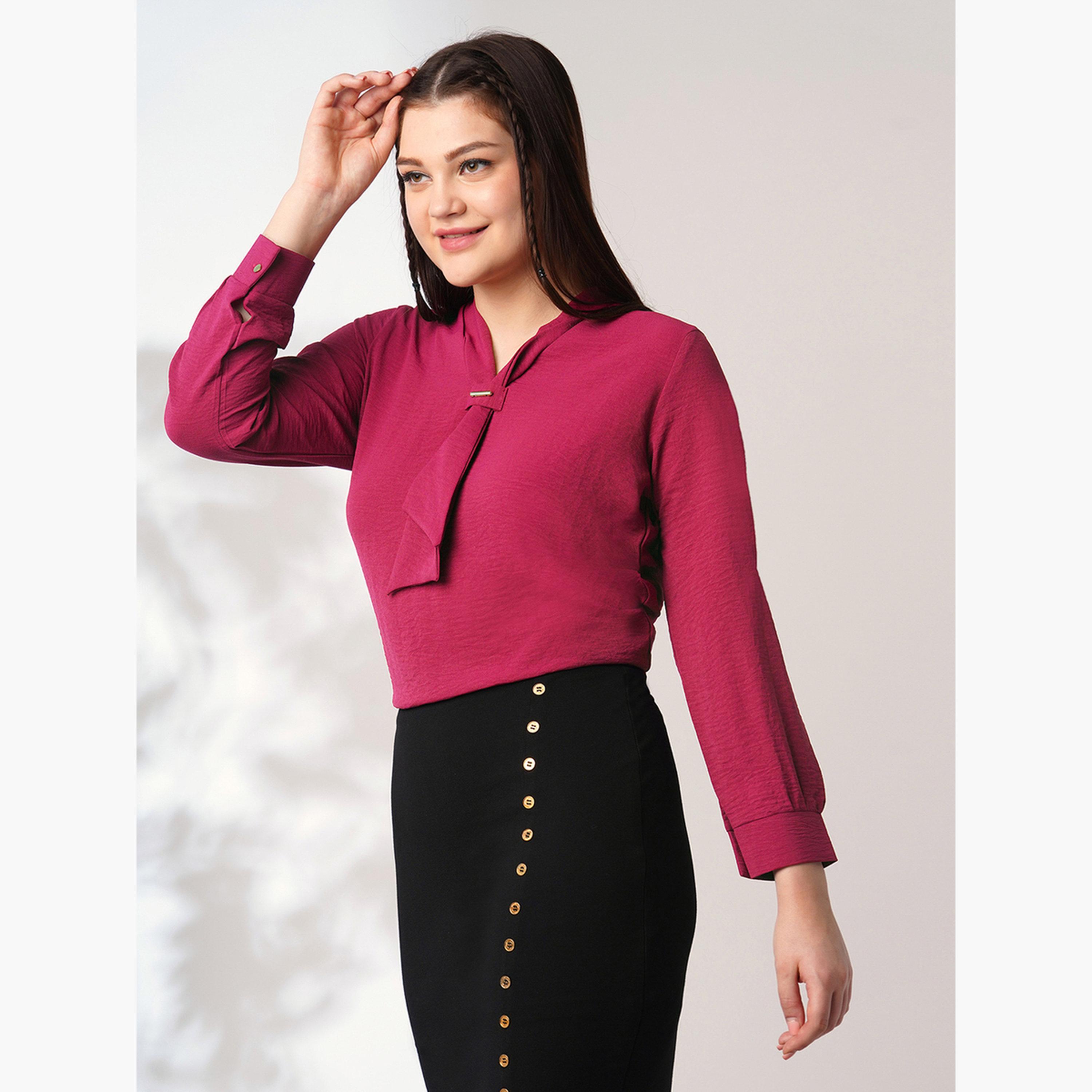 Globus X Styli Women Maroon Tie-Up Neck Shirt-women-clothing-shirtsandblouses-shirts-image-1