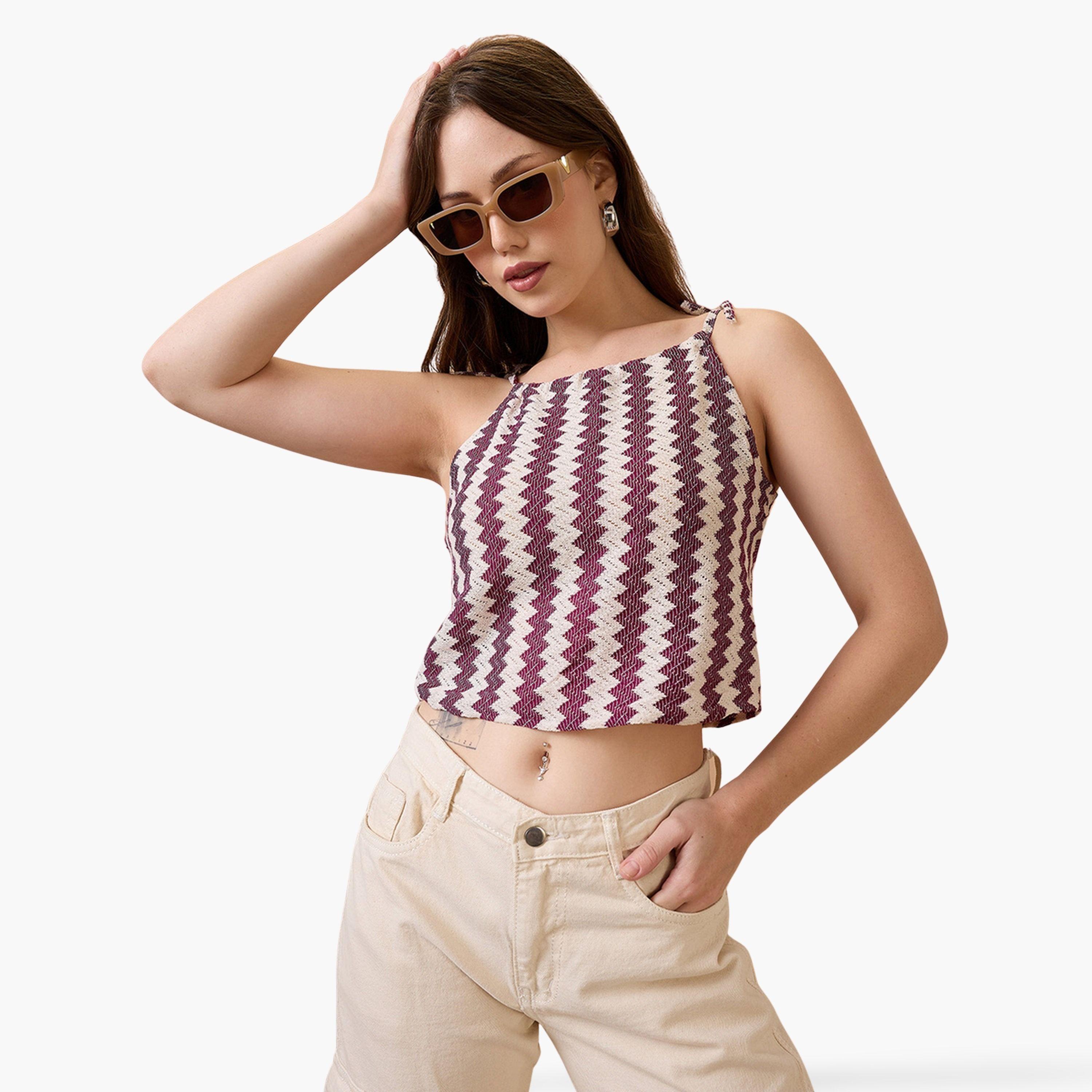 Globus X Styli Maroon Crochet Strappy Crop Top-women-clothing-tshirts-image-1