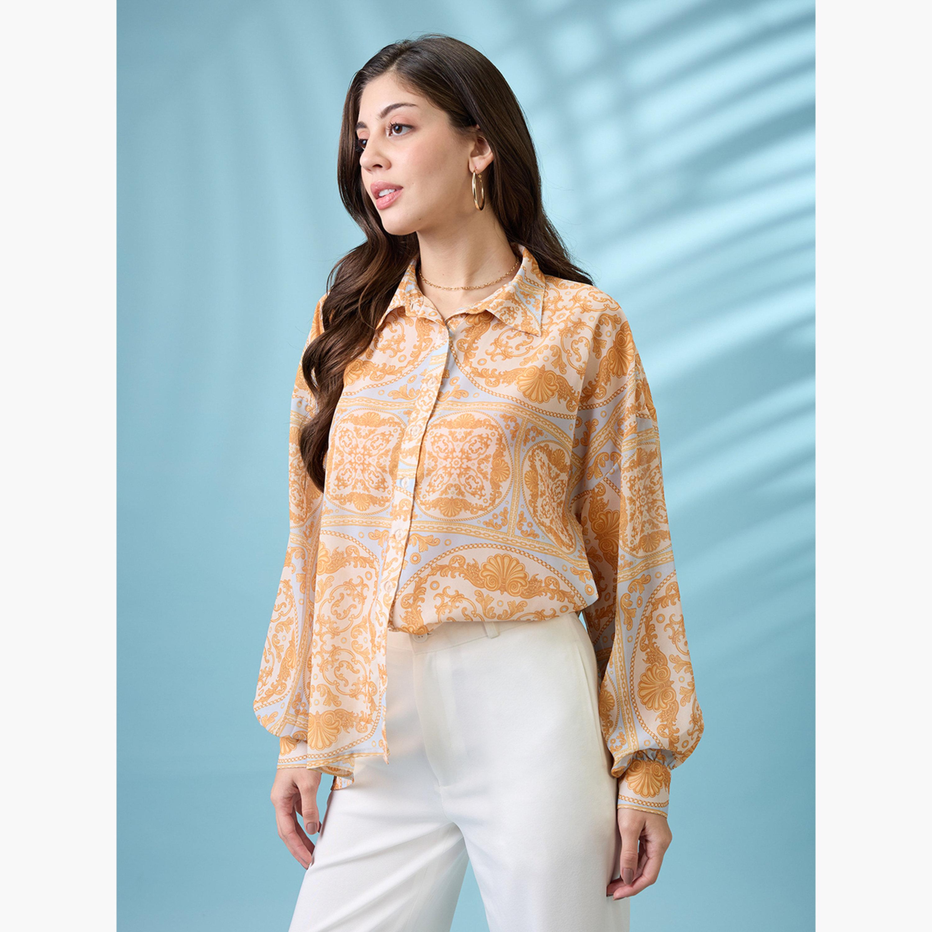 غلوبوس × ستايلي - قميص أصفر تصميم واسع نقشة عرقية وياقة منتشرة للنساء-women-clothing-shirtsandblouses-shirts-image-1