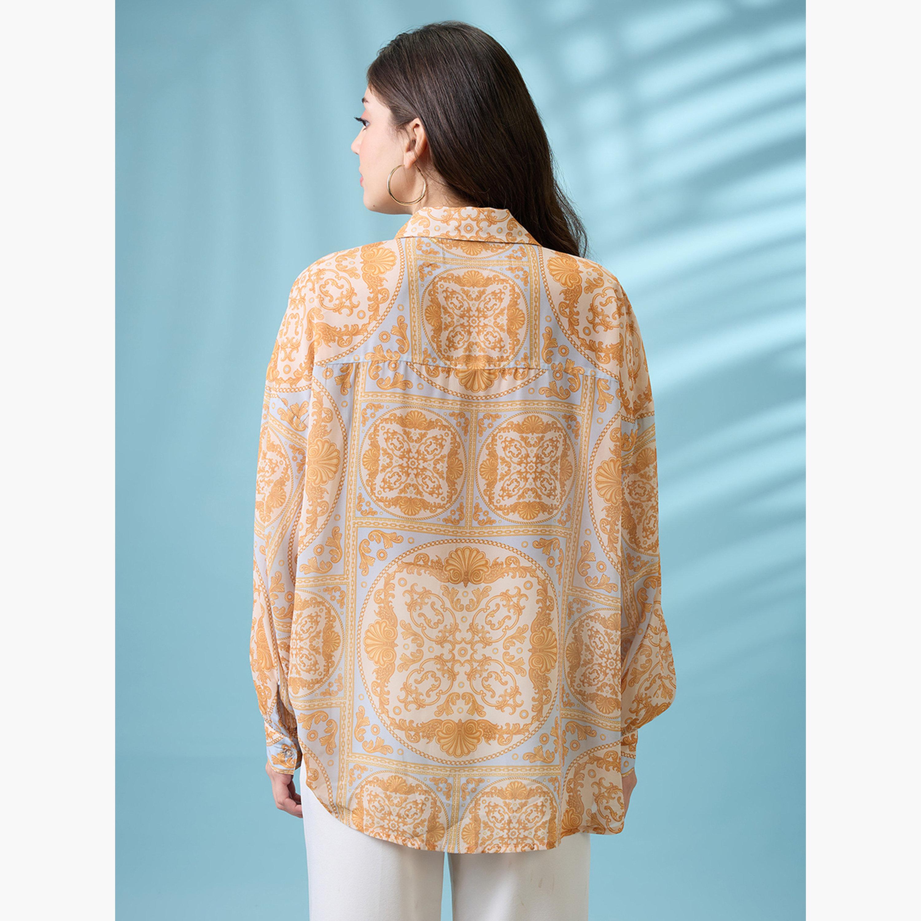 غلوبوس × ستايلي - قميص أصفر تصميم واسع نقشة عرقية وياقة منتشرة للنساء-women-clothing-shirtsandblouses-shirts-image-3
