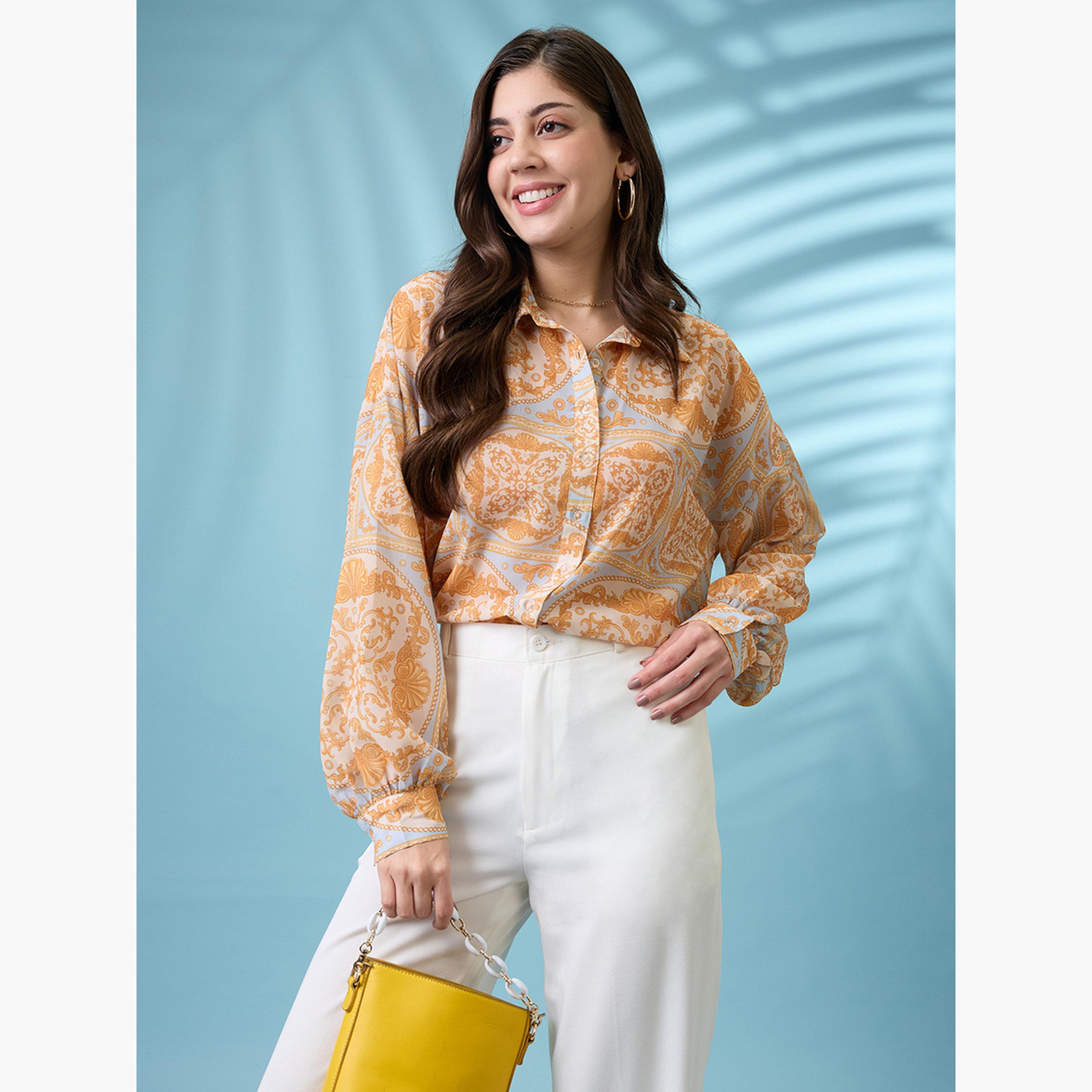 غلوبوس × ستايلي - قميص أصفر تصميم واسع نقشة عرقية وياقة منتشرة للنساء-women-clothing-shirtsandblouses-shirts-image-4