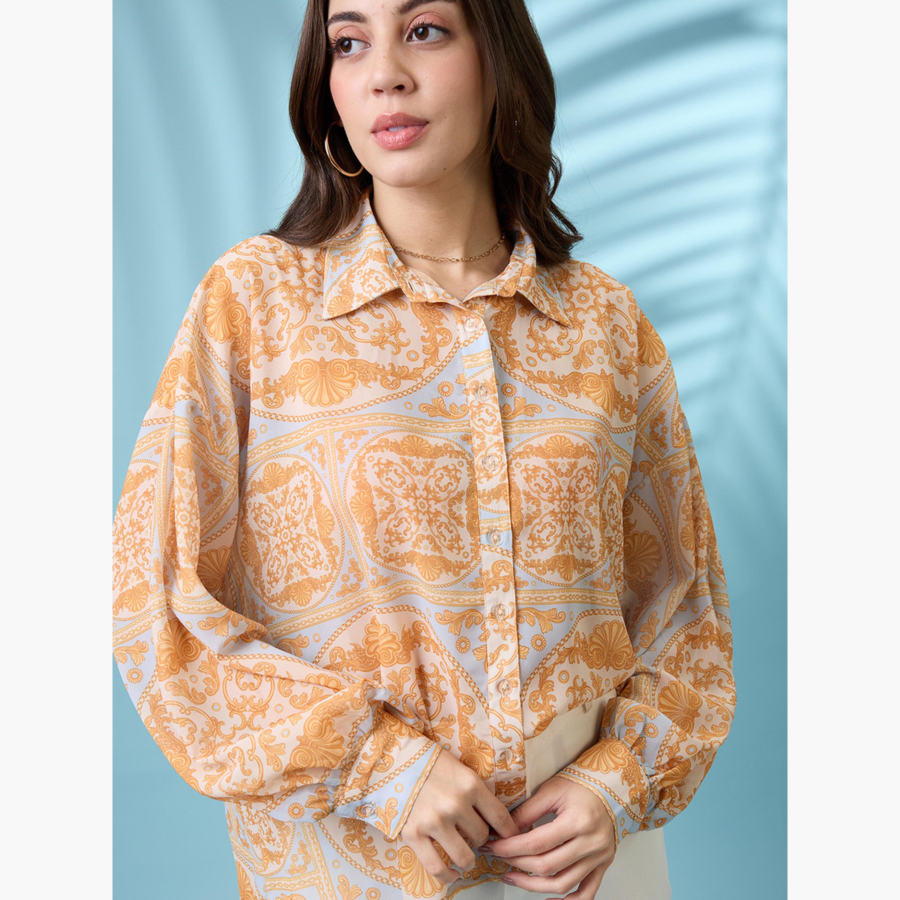 غلوبوس × ستايلي - قميص أصفر تصميم واسع نقشة عرقية وياقة منتشرة للنساء-women-clothing-shirtsandblouses-shirts-image-5