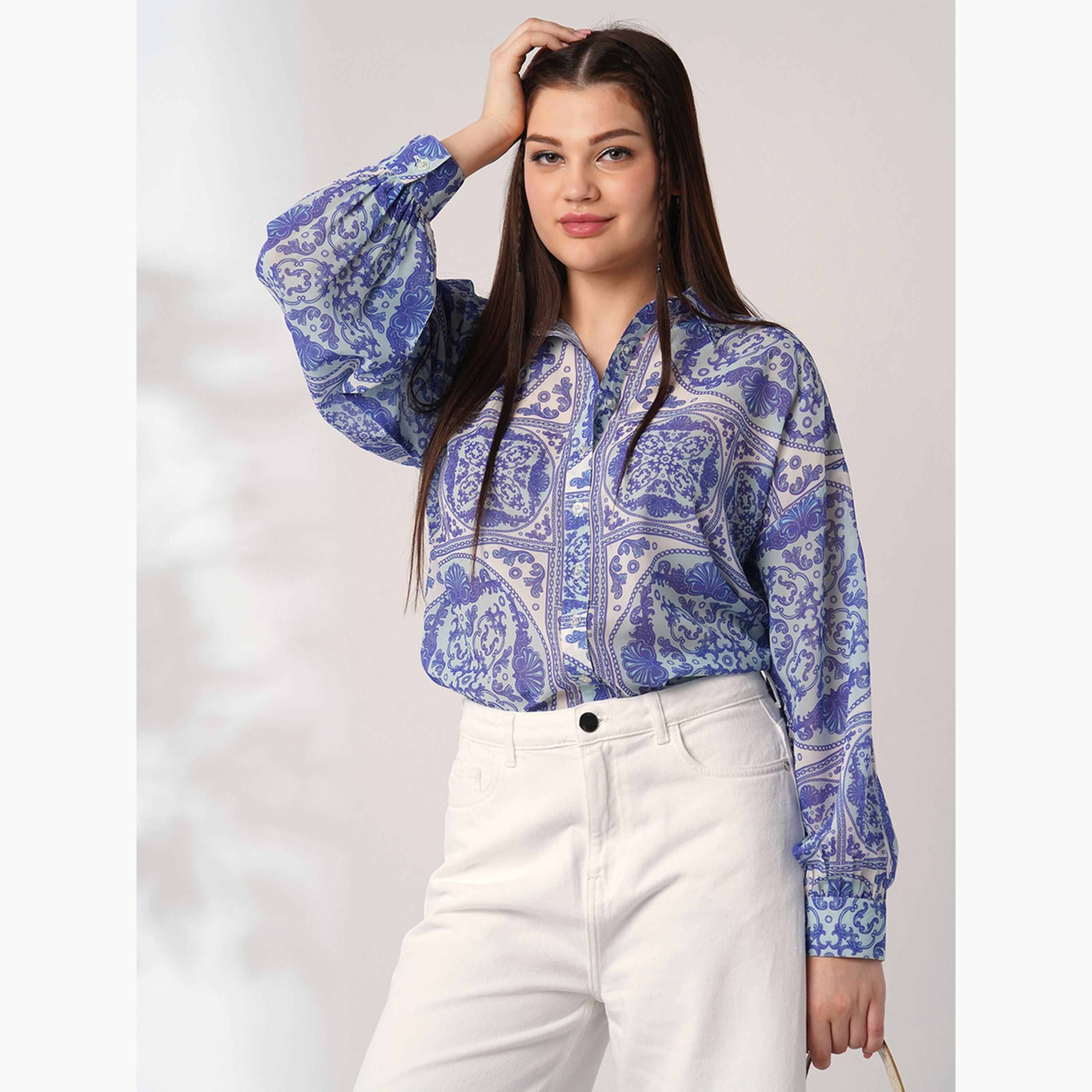 غلوبوس × ستايلي - قميص أزرق نقشة عرقية تصميم واسع وياقة منتشرة للنساء-women-clothing-shirtsandblouses-shirts-image-1