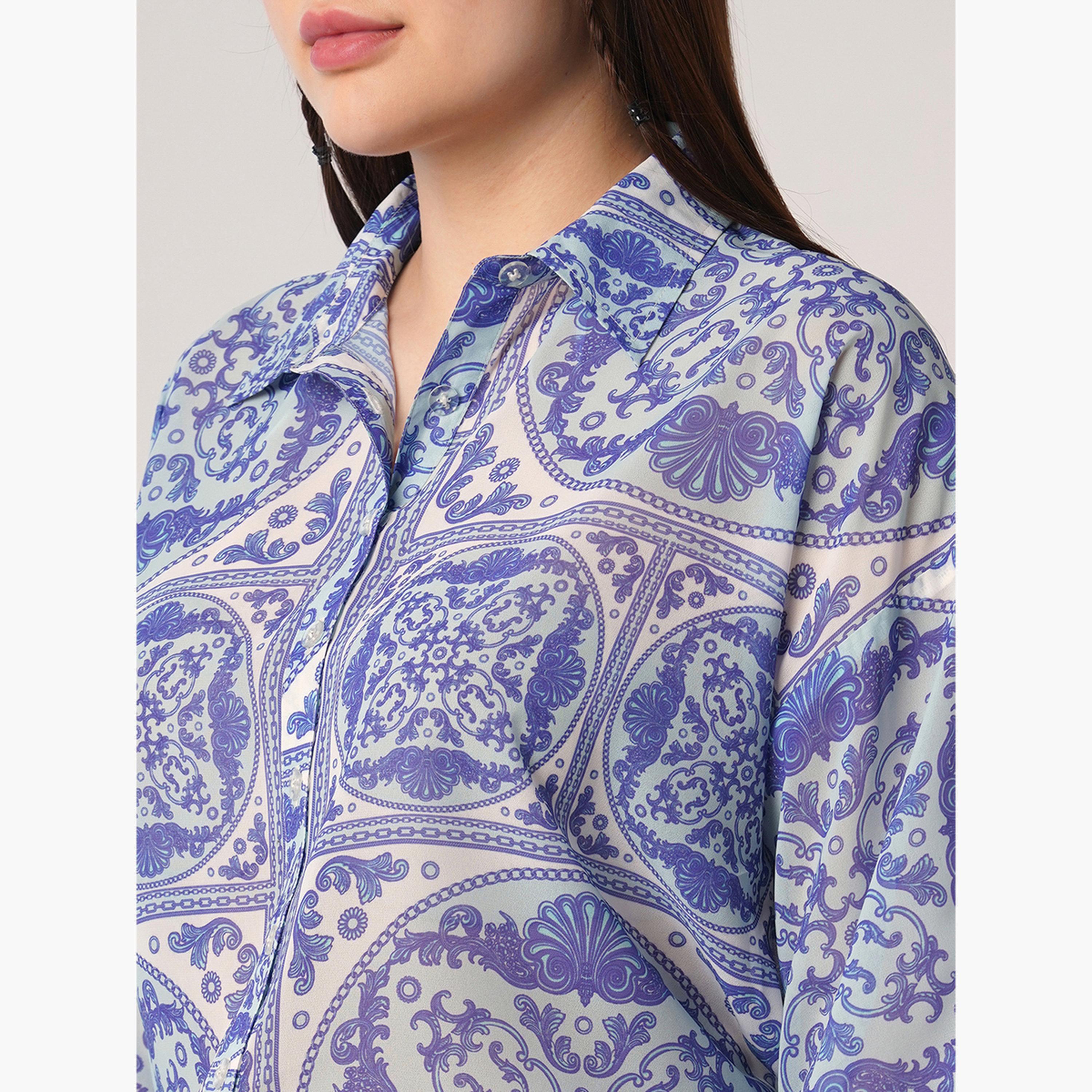 غلوبوس × ستايلي - قميص أزرق نقشة عرقية تصميم واسع وياقة منتشرة للنساء-women-clothing-shirtsandblouses-shirts-image-4