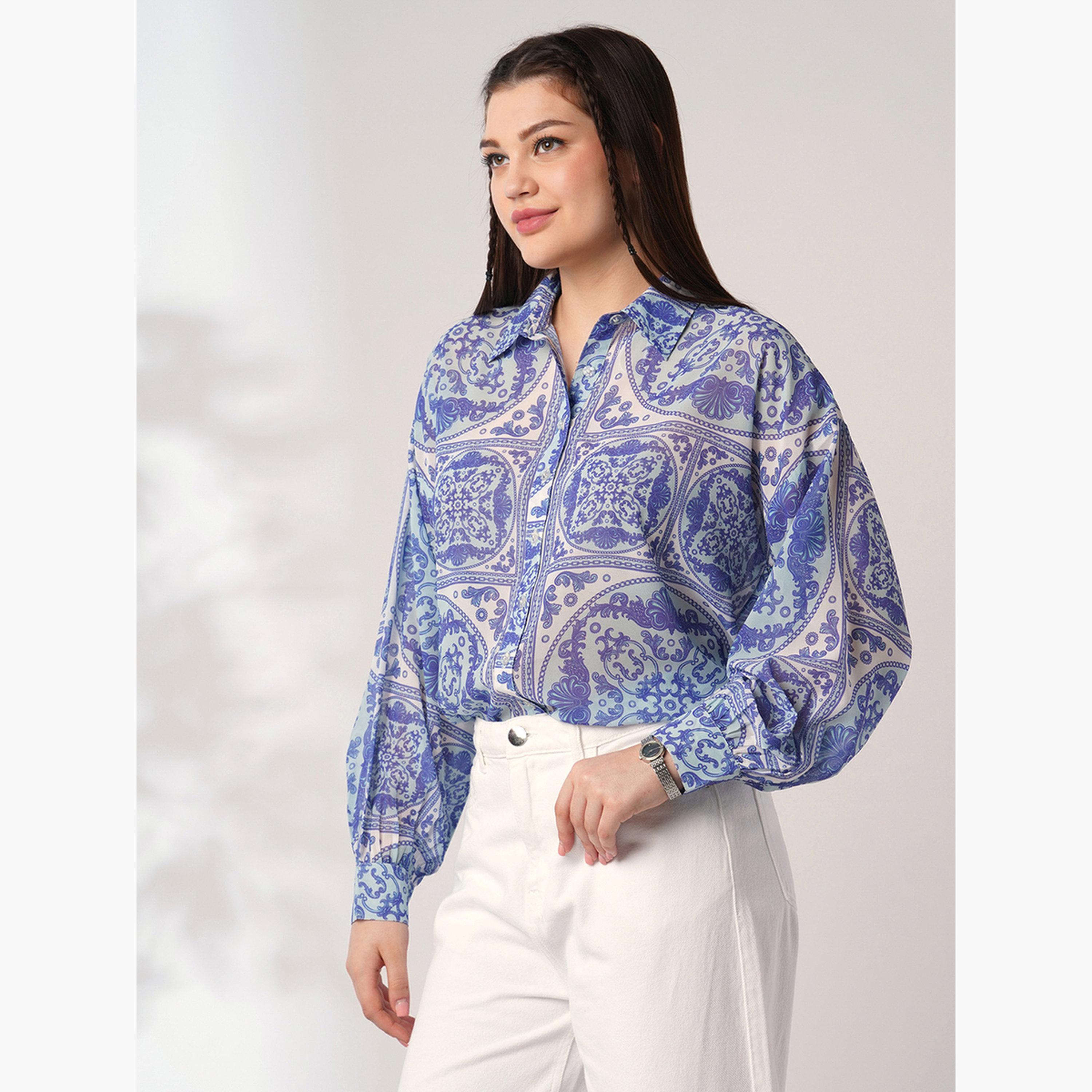 غلوبوس × ستايلي - قميص أزرق نقشة عرقية تصميم واسع وياقة منتشرة للنساء-women-clothing-shirtsandblouses-shirts-image-5