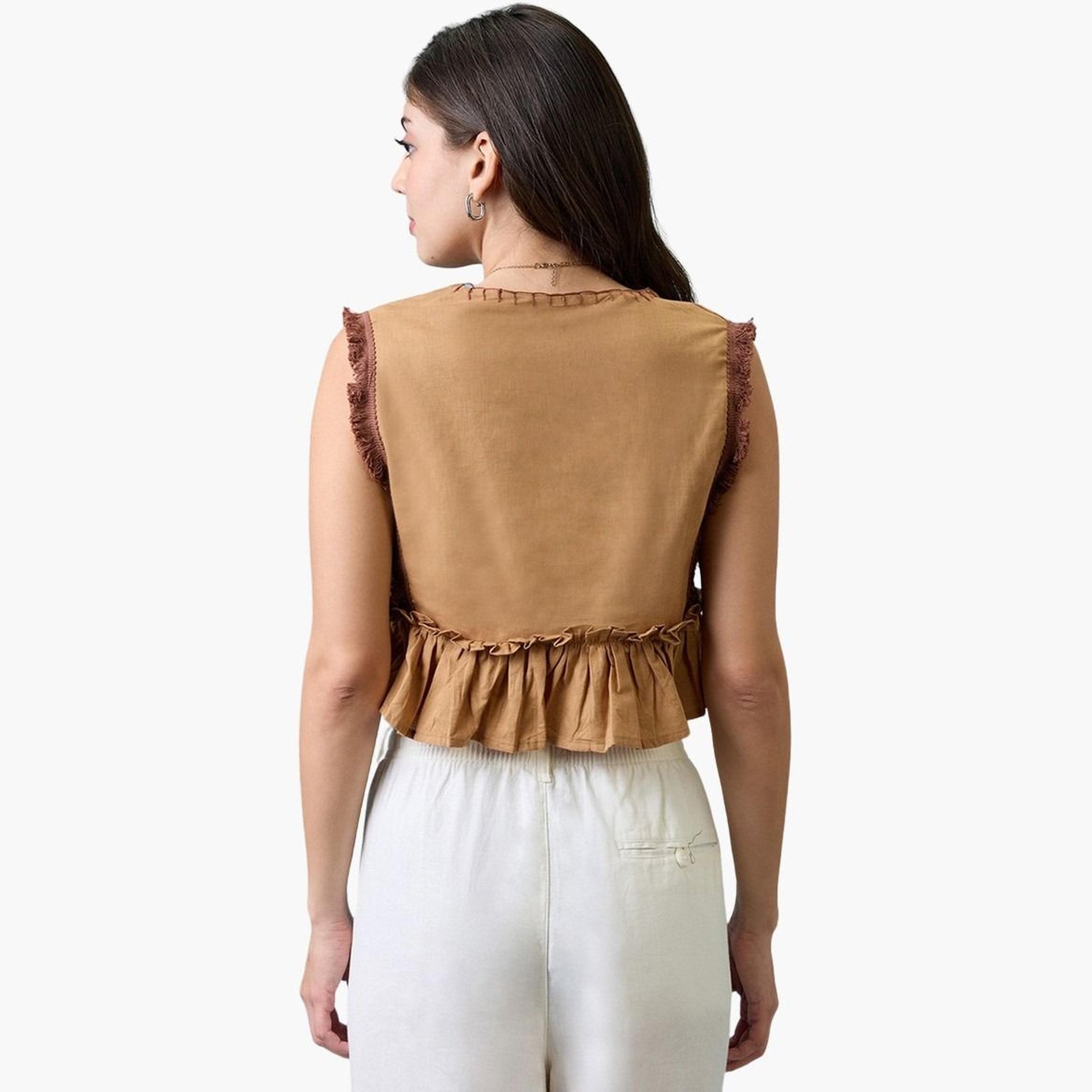 غلوبوس × ستايلي - بلوزة قصيرة مطوية بفتحة رقبة على شكل حرف V باللون البيج للنساء-women-clothing-tshirts-image-3