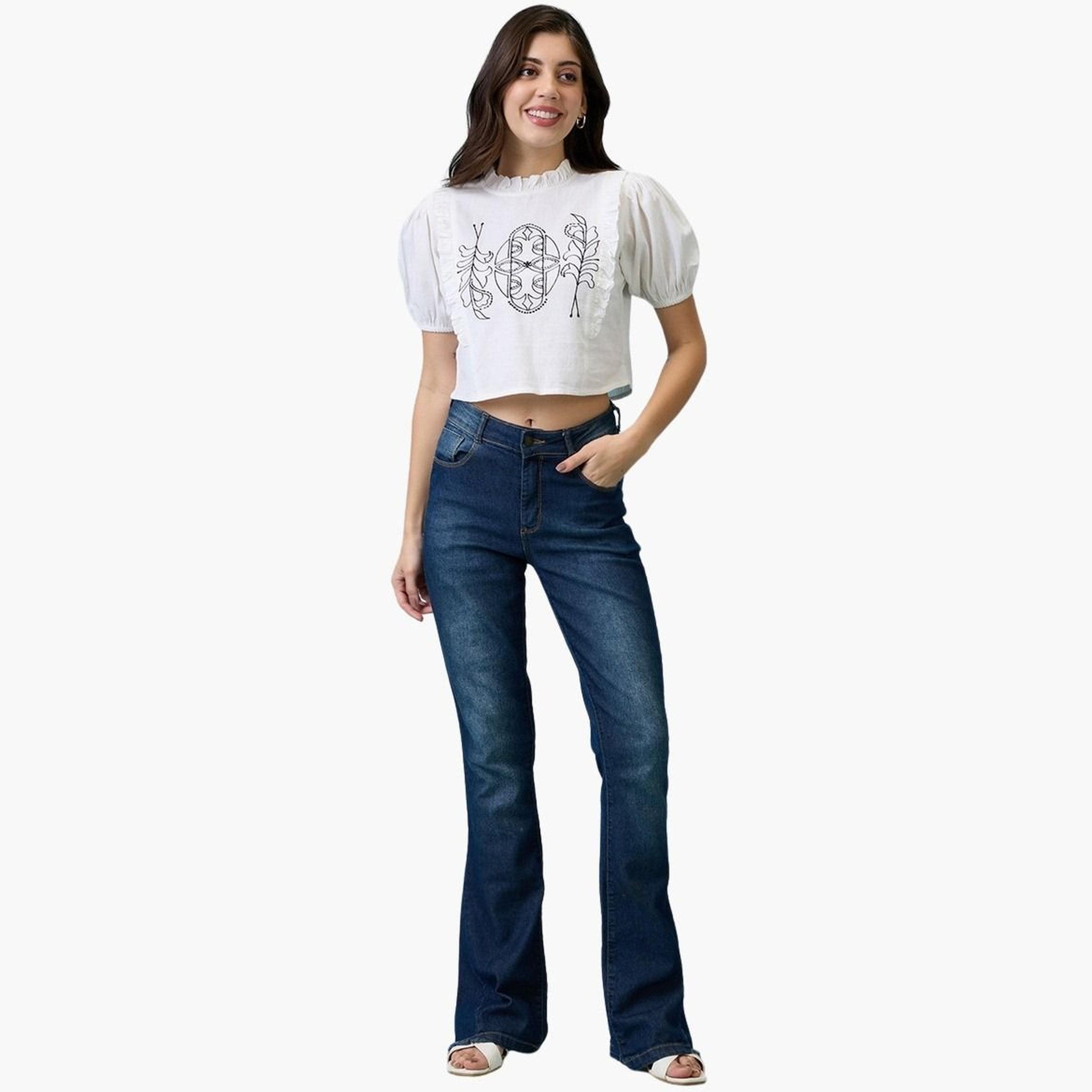 Globus X Styli Women White Puff Sleeves Frills Embroidered Top-women-clothing-tshirts-image-2
