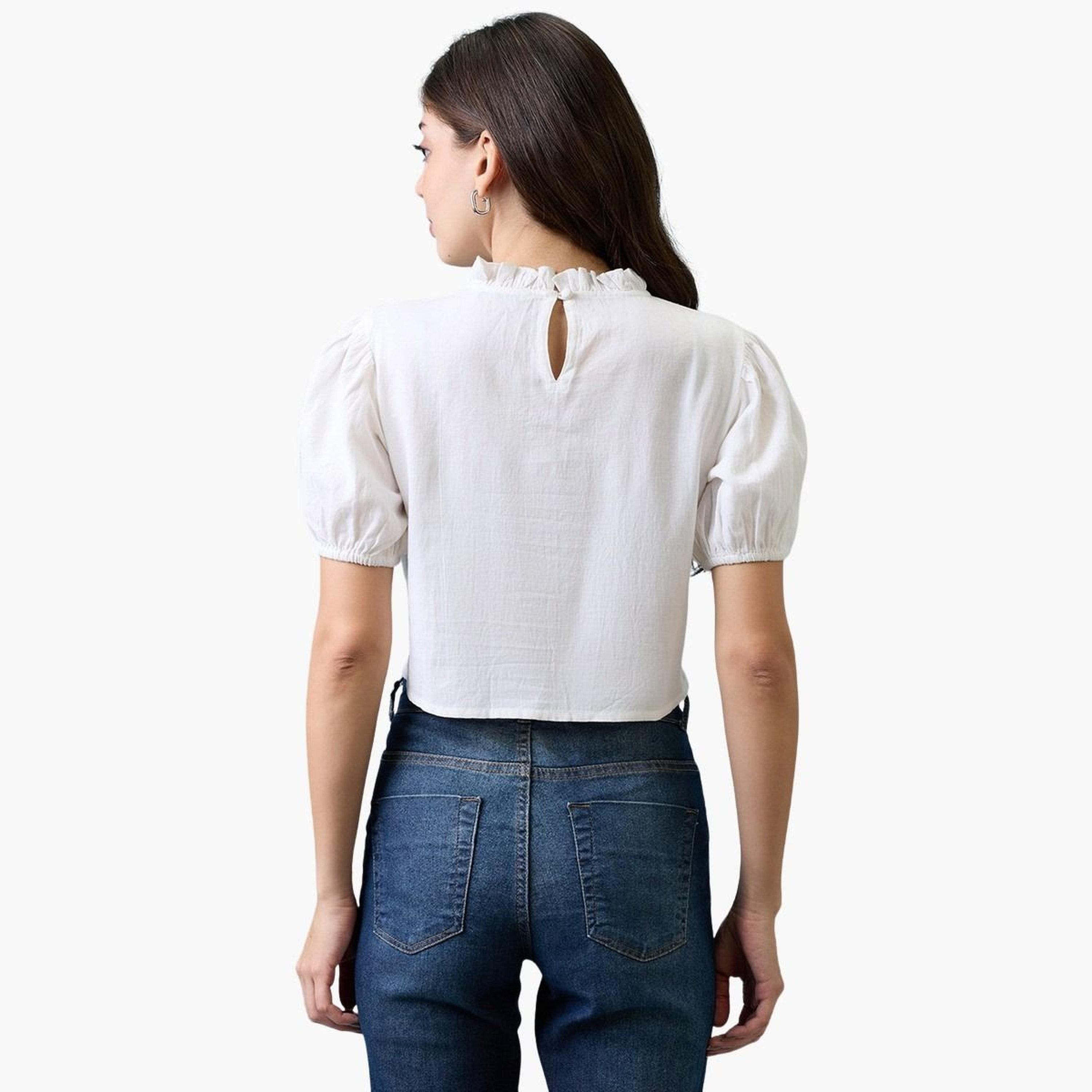 غلوبوس × ستايلي - بلوزة بيضاء بأكمام منفوخة ومطرزة للنساء-women-clothing-tshirts-image-3