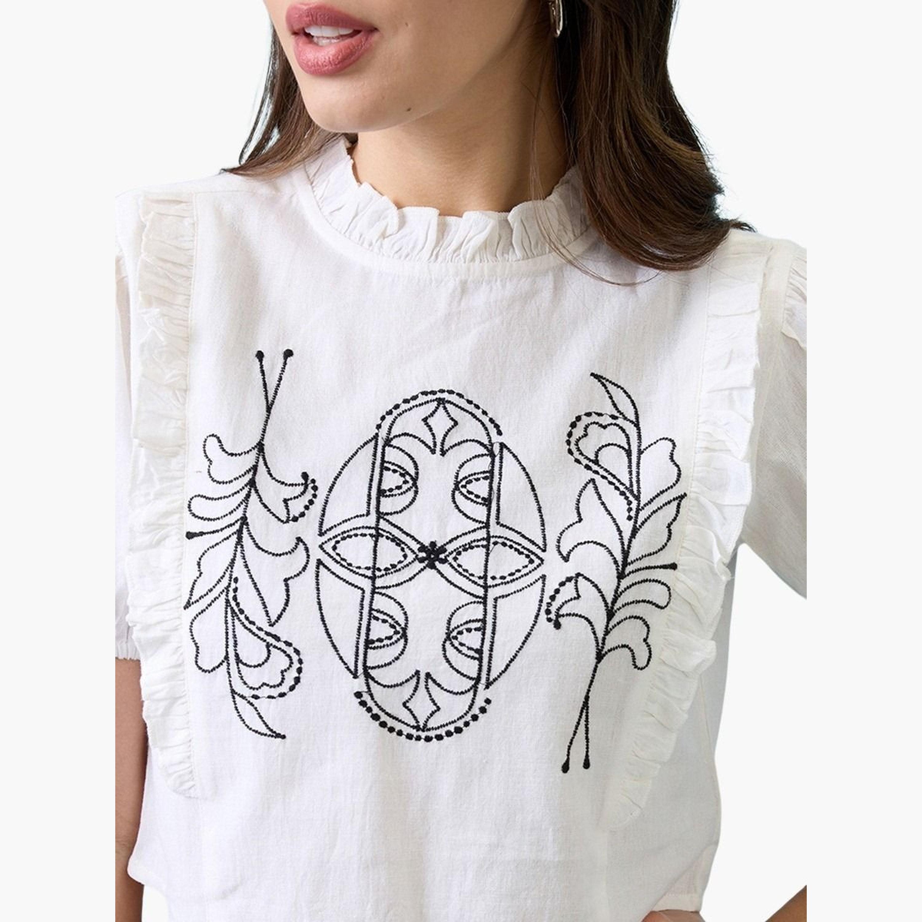 غلوبوس × ستايلي - بلوزة بيضاء بأكمام منفوخة ومطرزة للنساء-women-clothing-tshirts-image-4