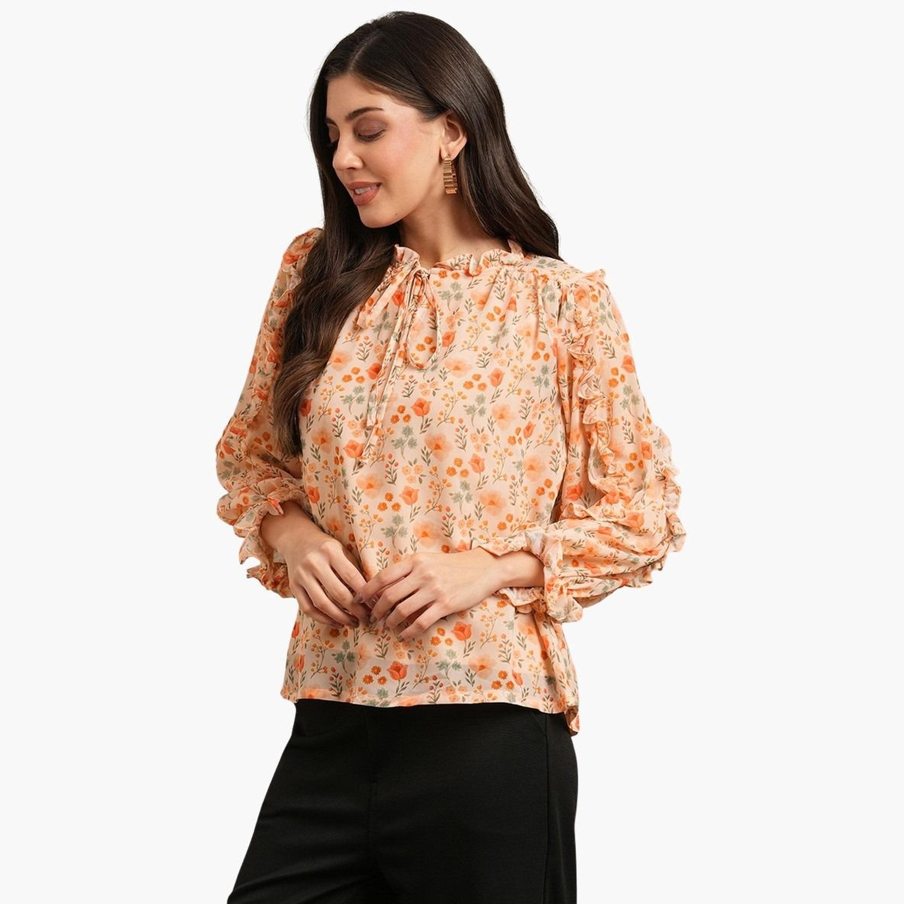 غلوبوس × ستايلي - بلوزة برتقالية مطبوعة بأزهار مع رباط حول الرقبة للنساء-women-clothing-tshirts-image-1