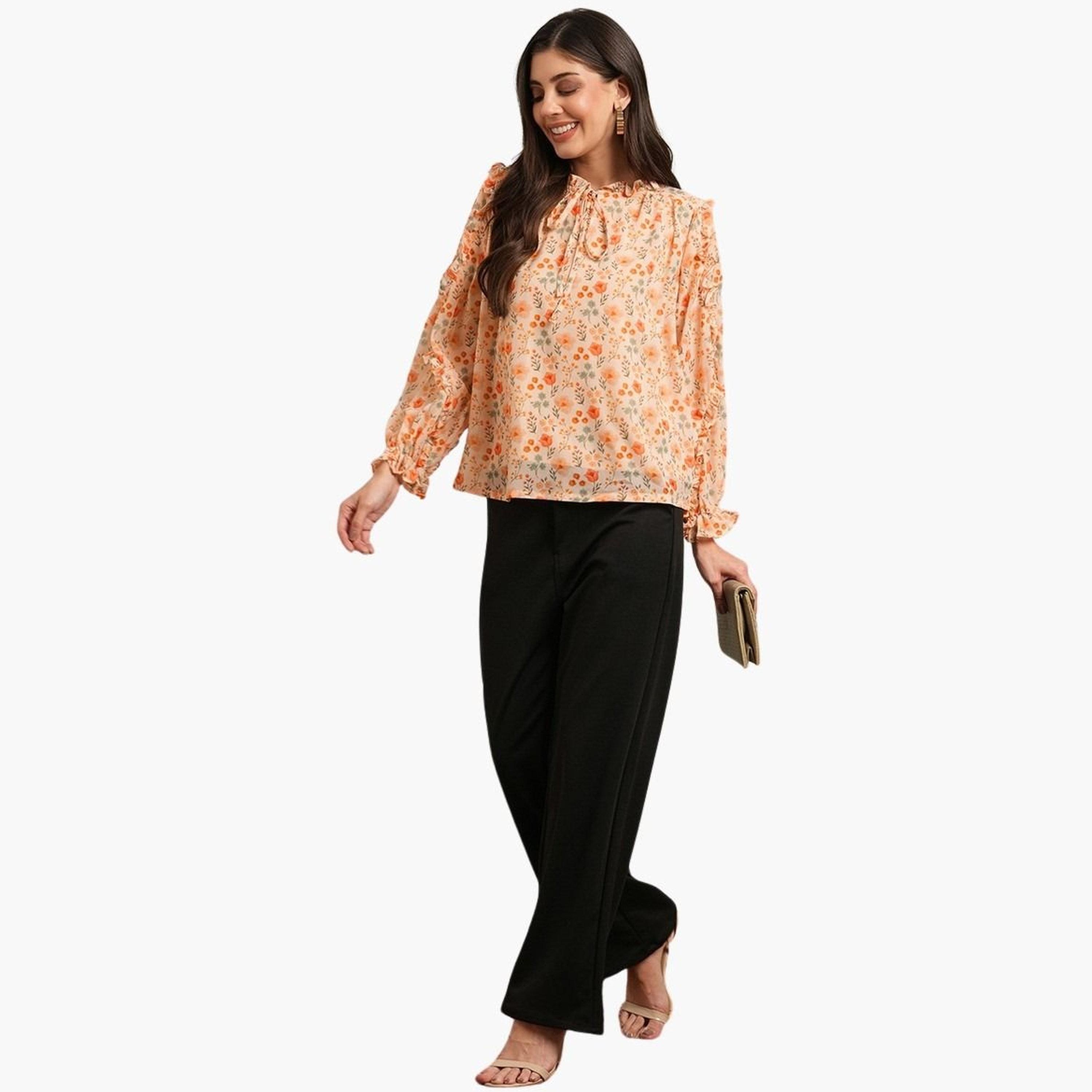 غلوبوس × ستايلي - بلوزة برتقالية مطبوعة بأزهار مع رباط حول الرقبة للنساء-women-clothing-tshirts-image-2