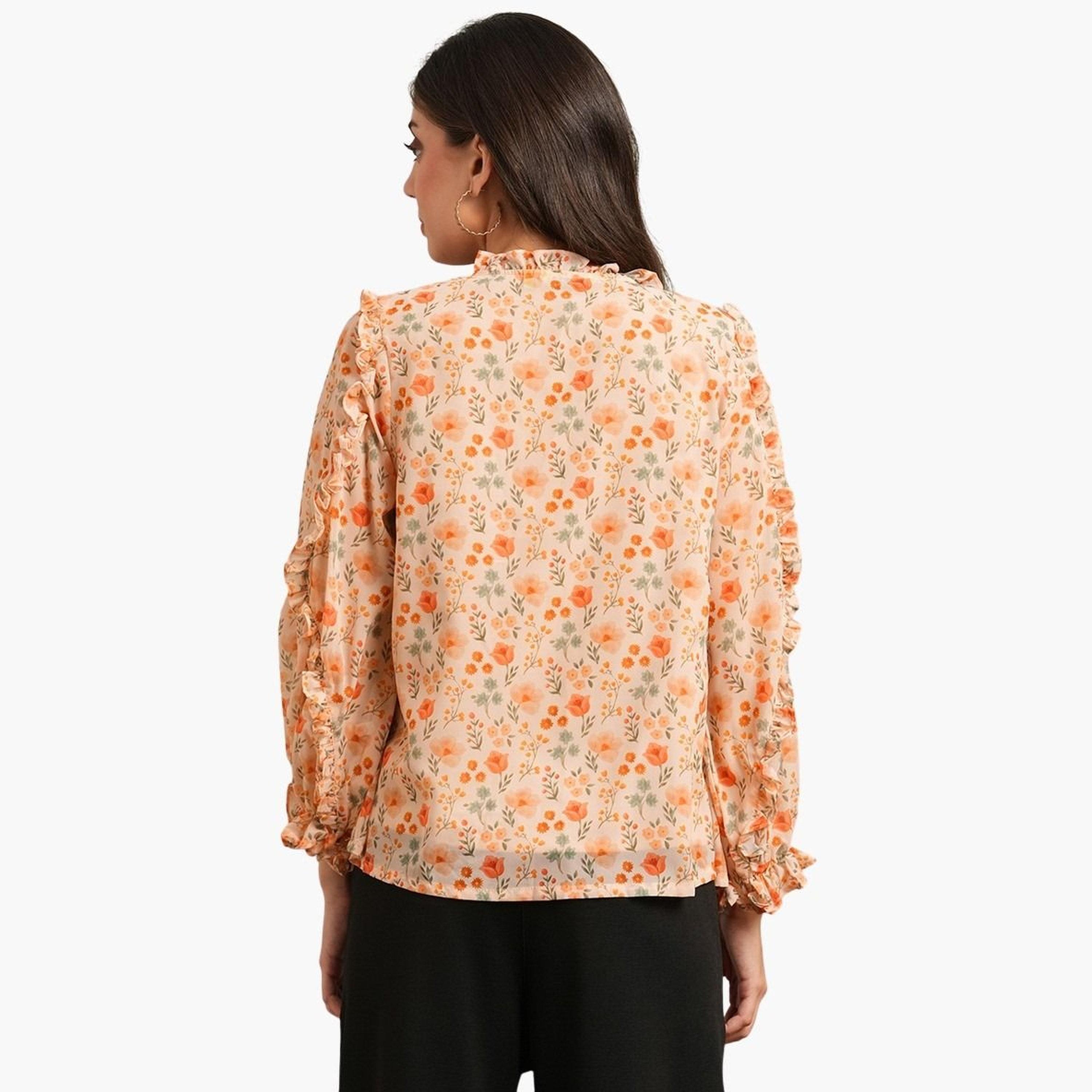 غلوبوس × ستايلي - بلوزة برتقالية مطبوعة بأزهار مع رباط حول الرقبة للنساء-women-clothing-tshirts-image-3
